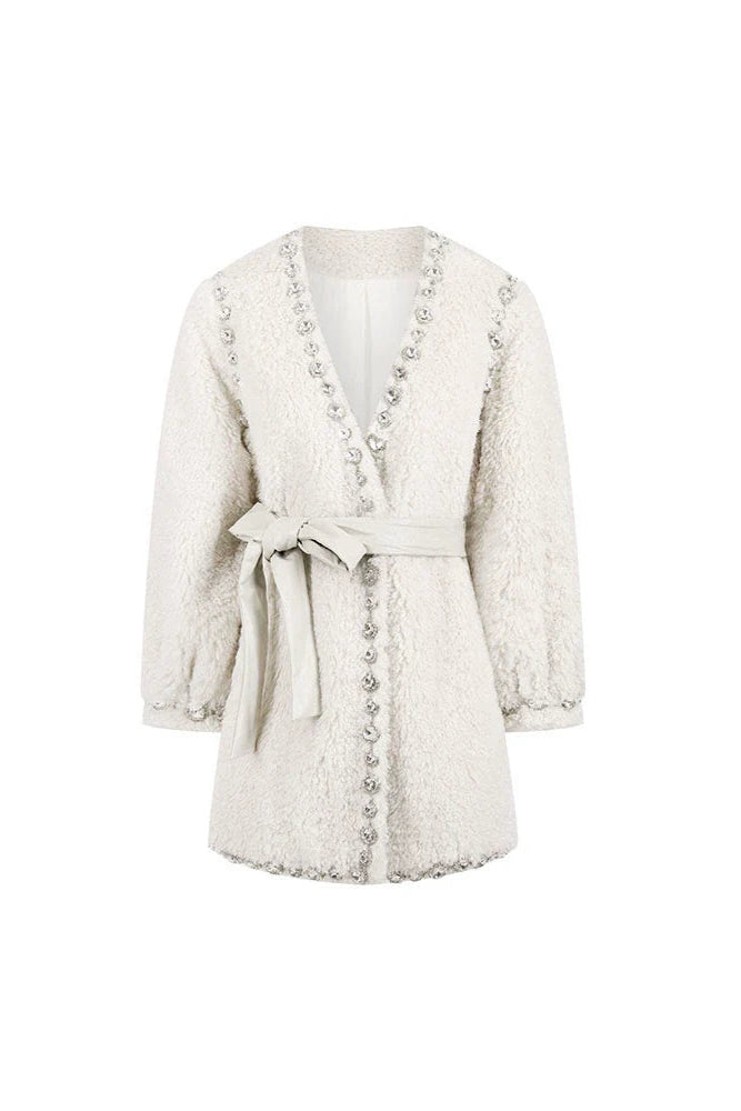 BEIGE V-NECK LONG SLEEVE DIAMOND COAT