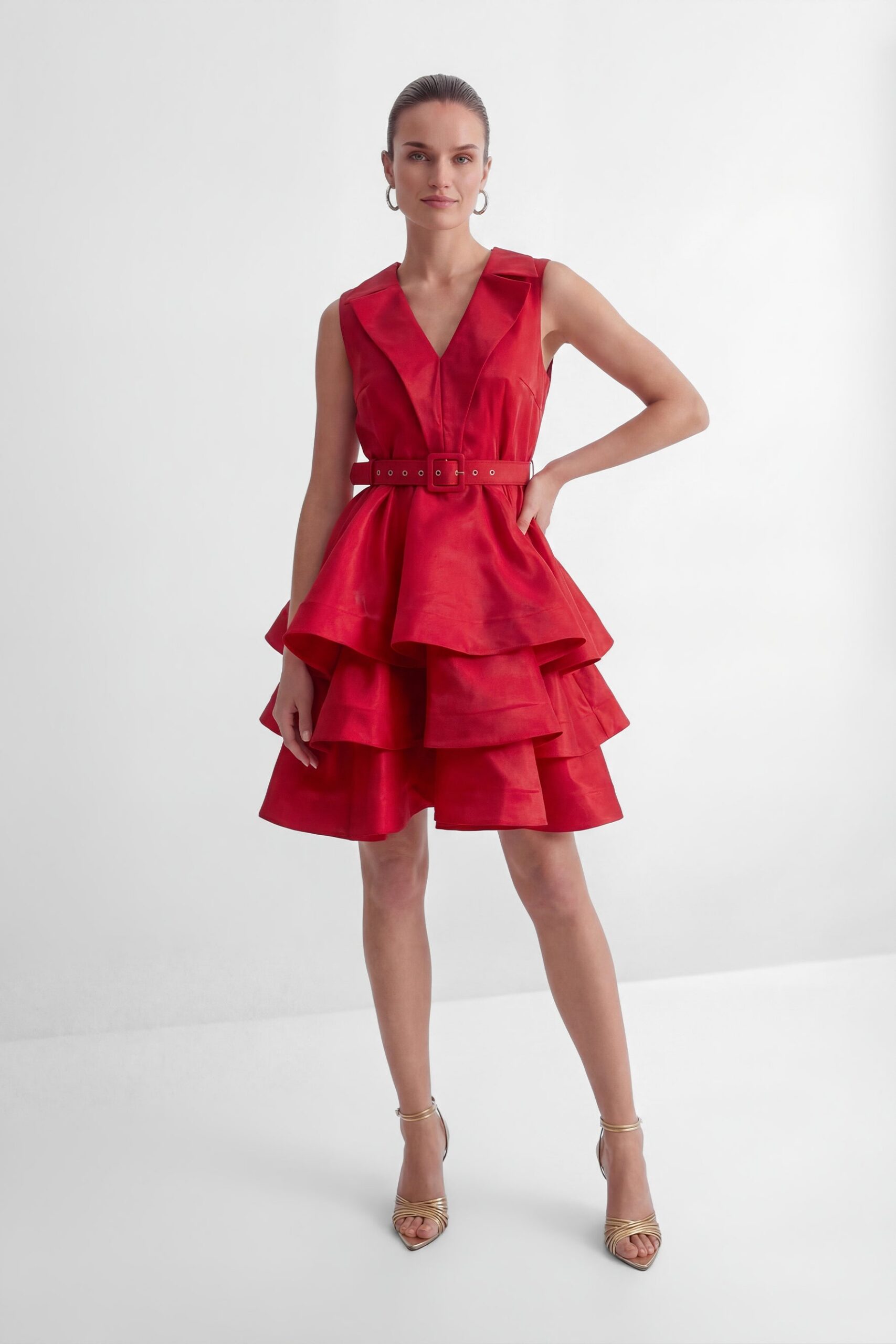 JESSICA RED V-NECK RUFFLE MINI DRESS
