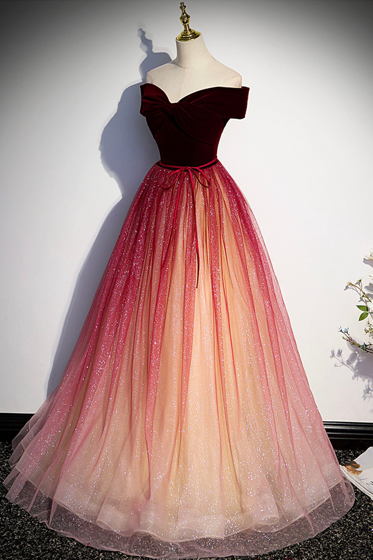BURGUNDY VELVET A-LINE FORMAL GOWN