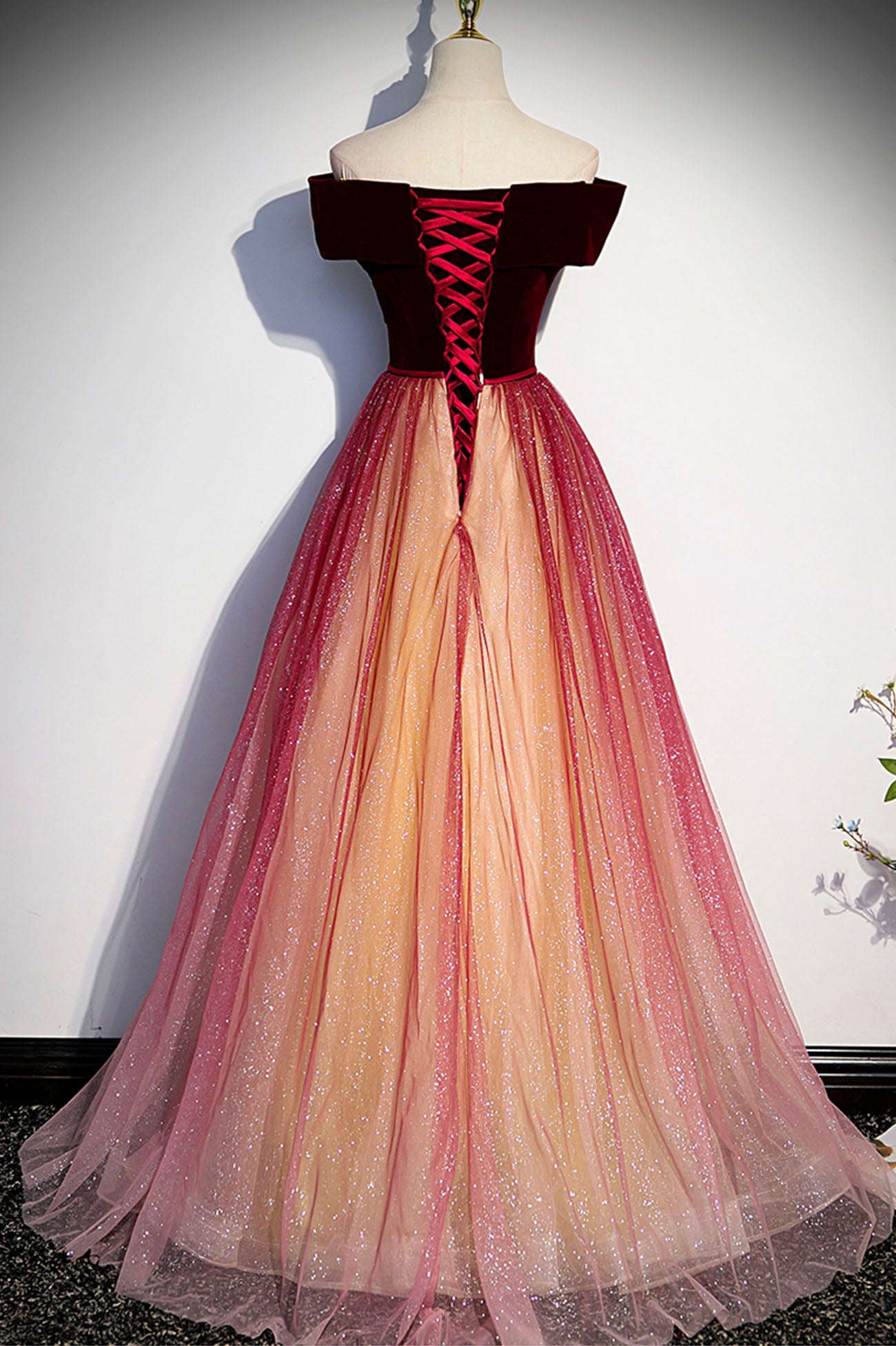 BURGUNDY VELVET A-LINE FORMAL GOWN