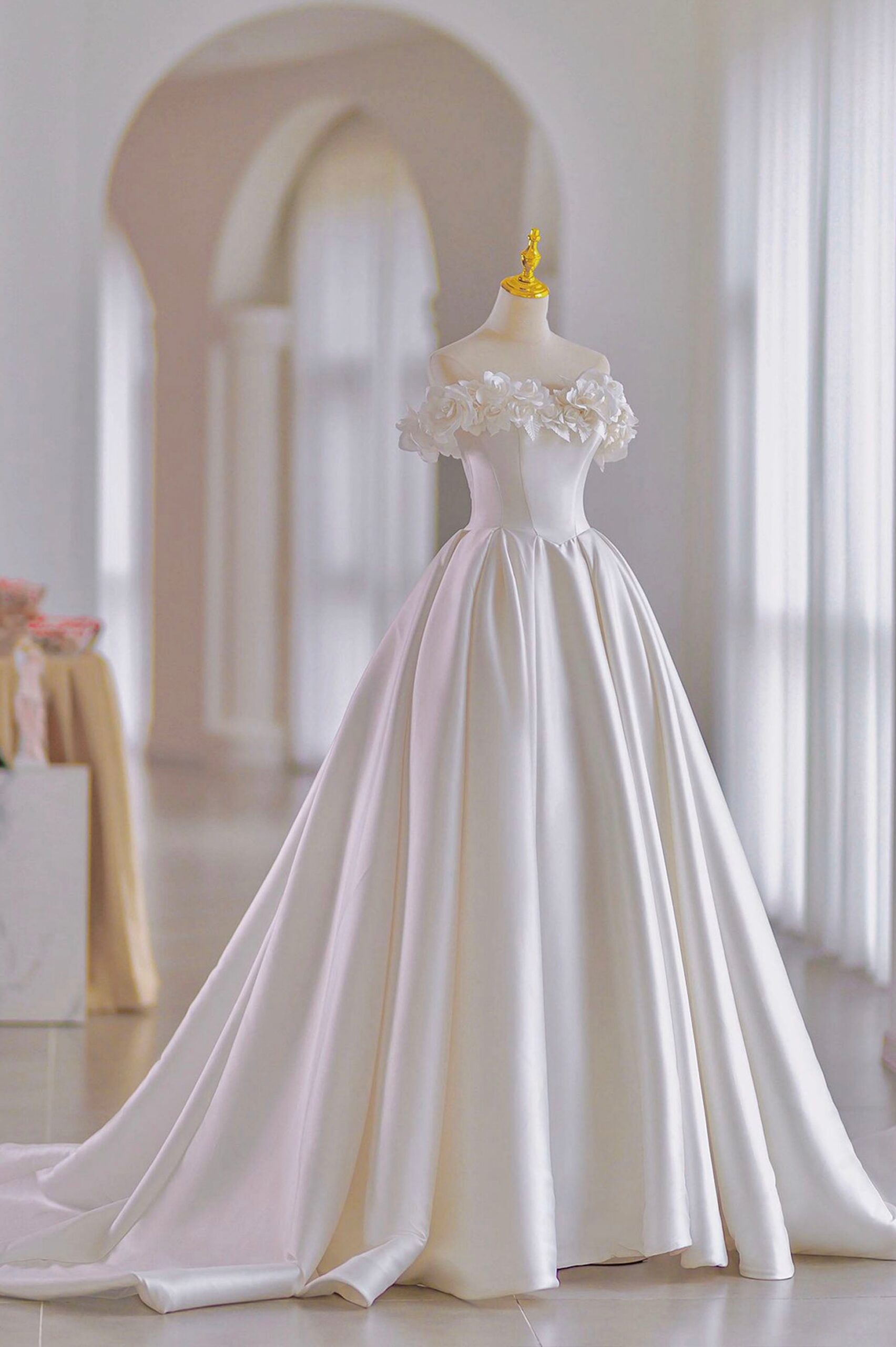 WHITE SATIN OFF-SHOULDER A-LINE BALL GOWN