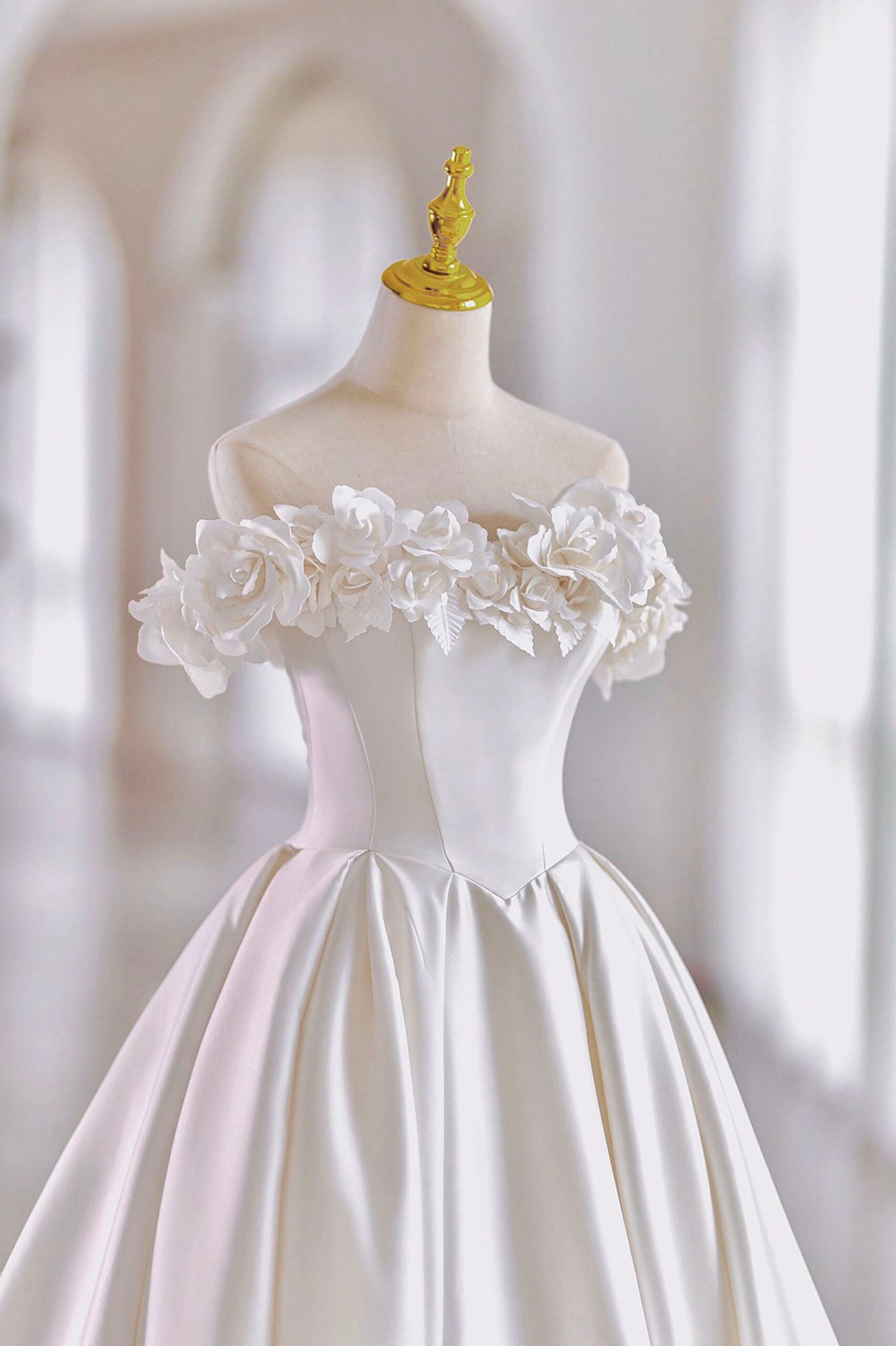 WHITE SATIN OFF-SHOULDER A-LINE BALL GOWN