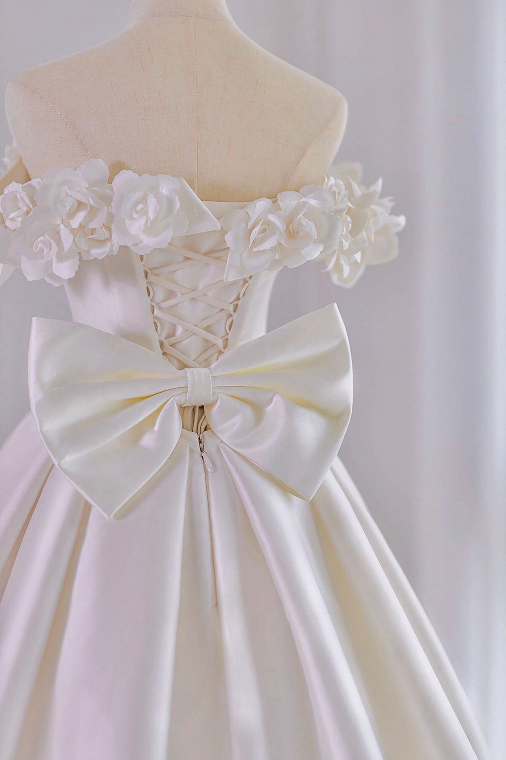 WHITE SATIN OFF-SHOULDER A-LINE BALL GOWN