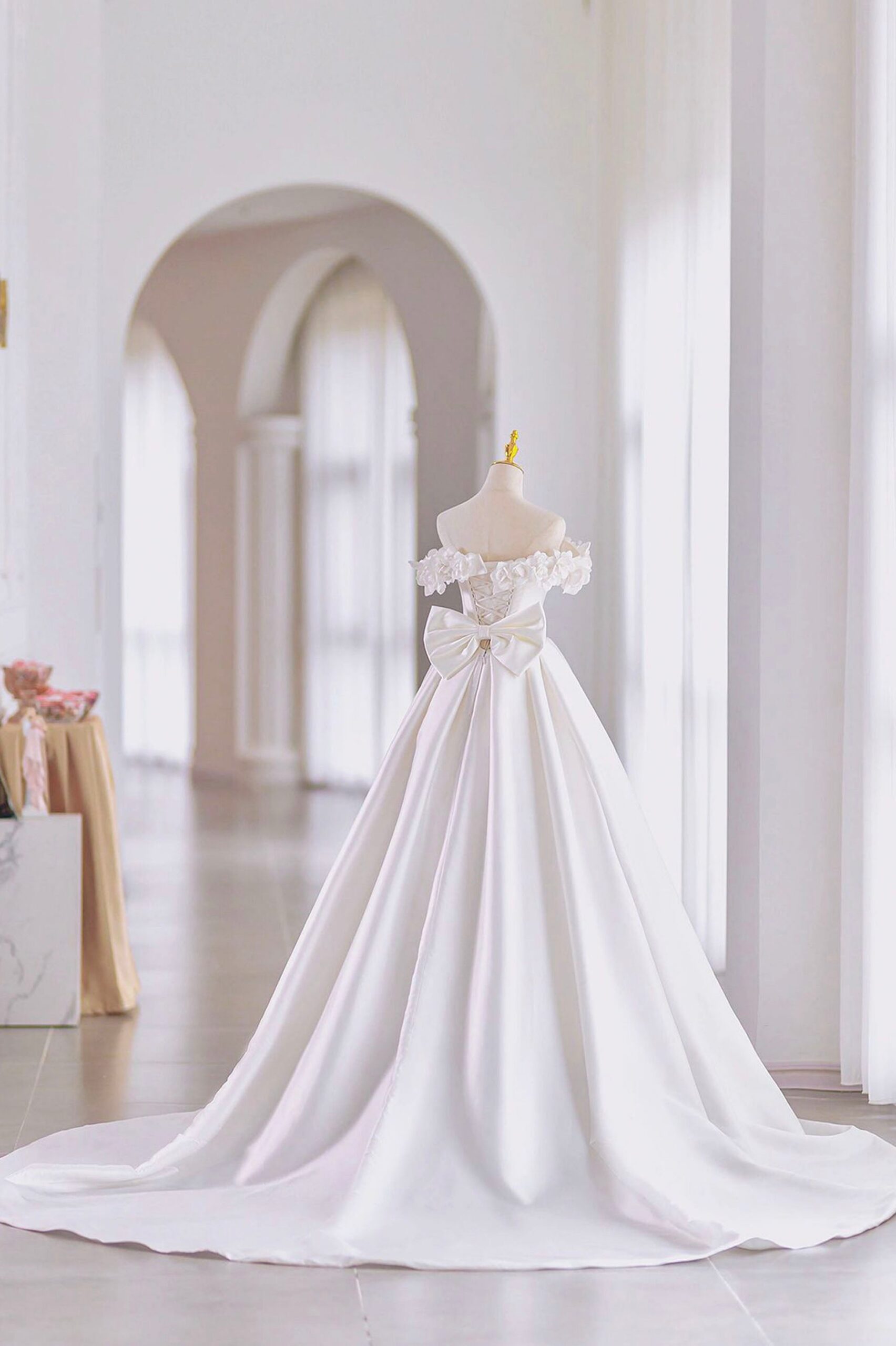WHITE SATIN OFF-SHOULDER A-LINE BALL GOWN