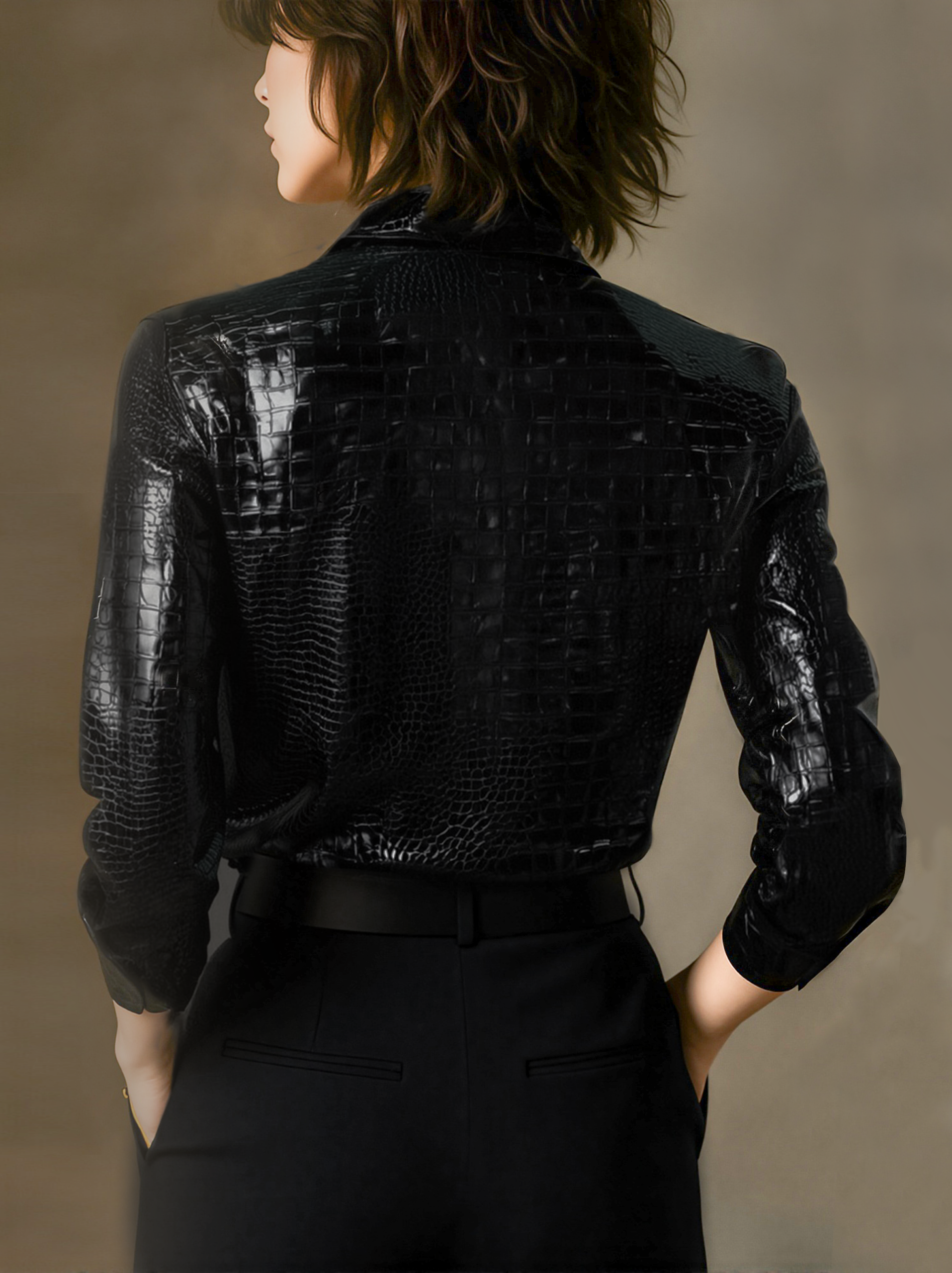 GLOSSY BLACK CROCO EMBOSSED SHIRT, EVENING WEAR