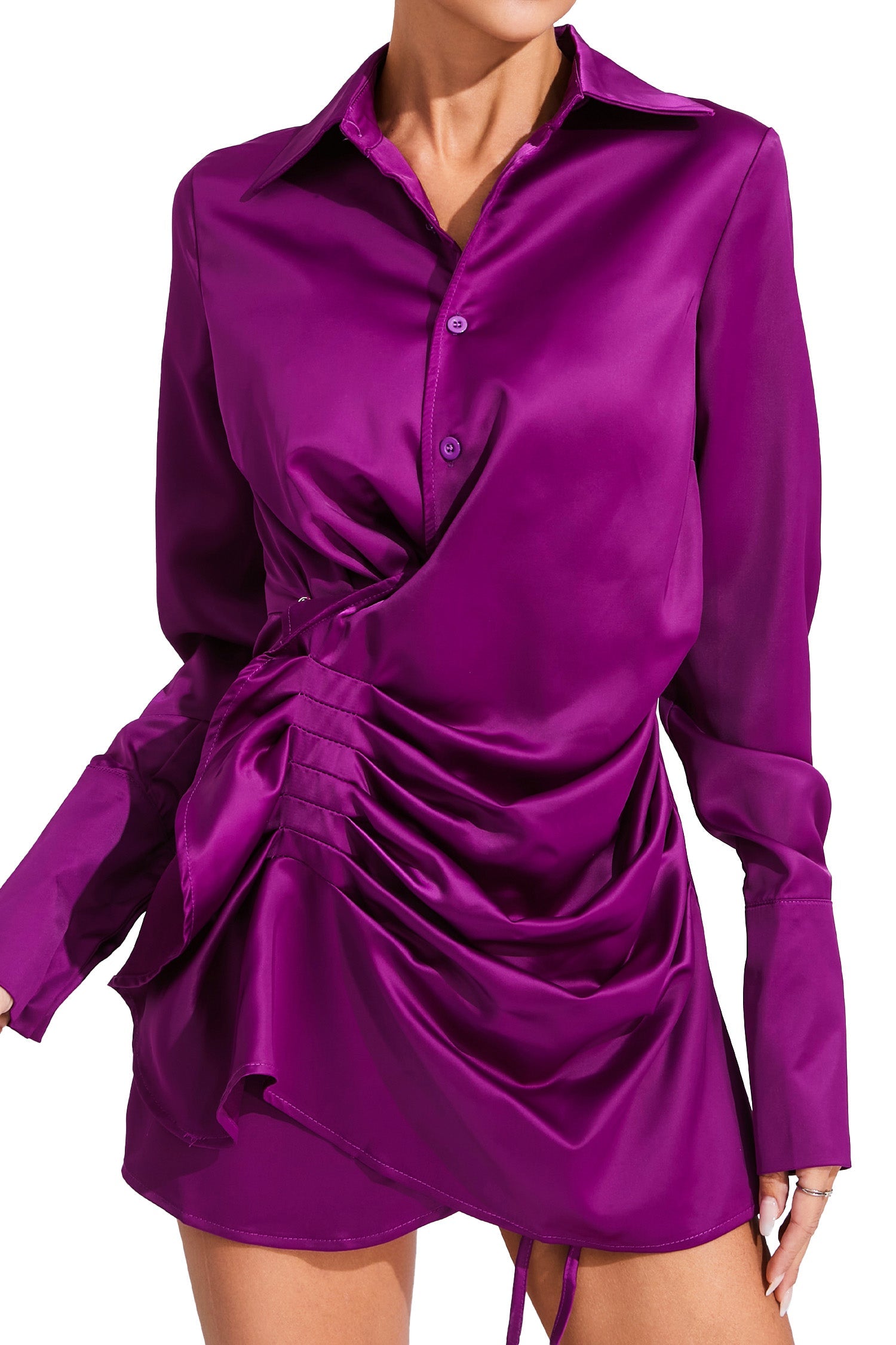 TIFFANY RUCHED SATIN MINI DRESS IN PURPLE