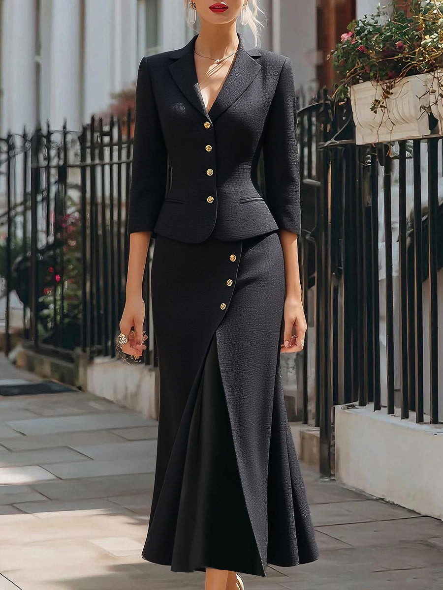 ELEGANT TEXTURED BLAZER MIDI SKIRT SET