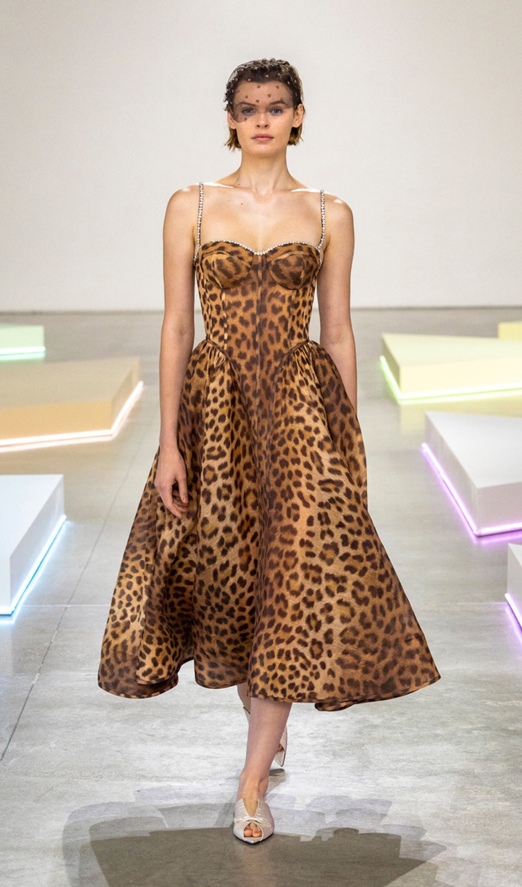 ANIMAL PRINT CRYSTAL BUSTIER A-LINE MIDI DRESS
