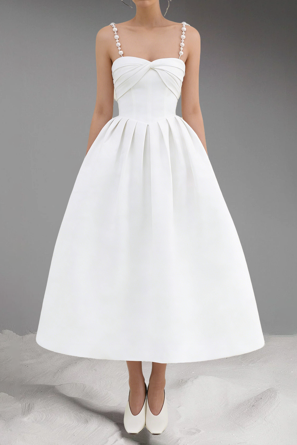 TWISTED PEARL STRAP MIDI DRESS WHITE WEDDING GUEST