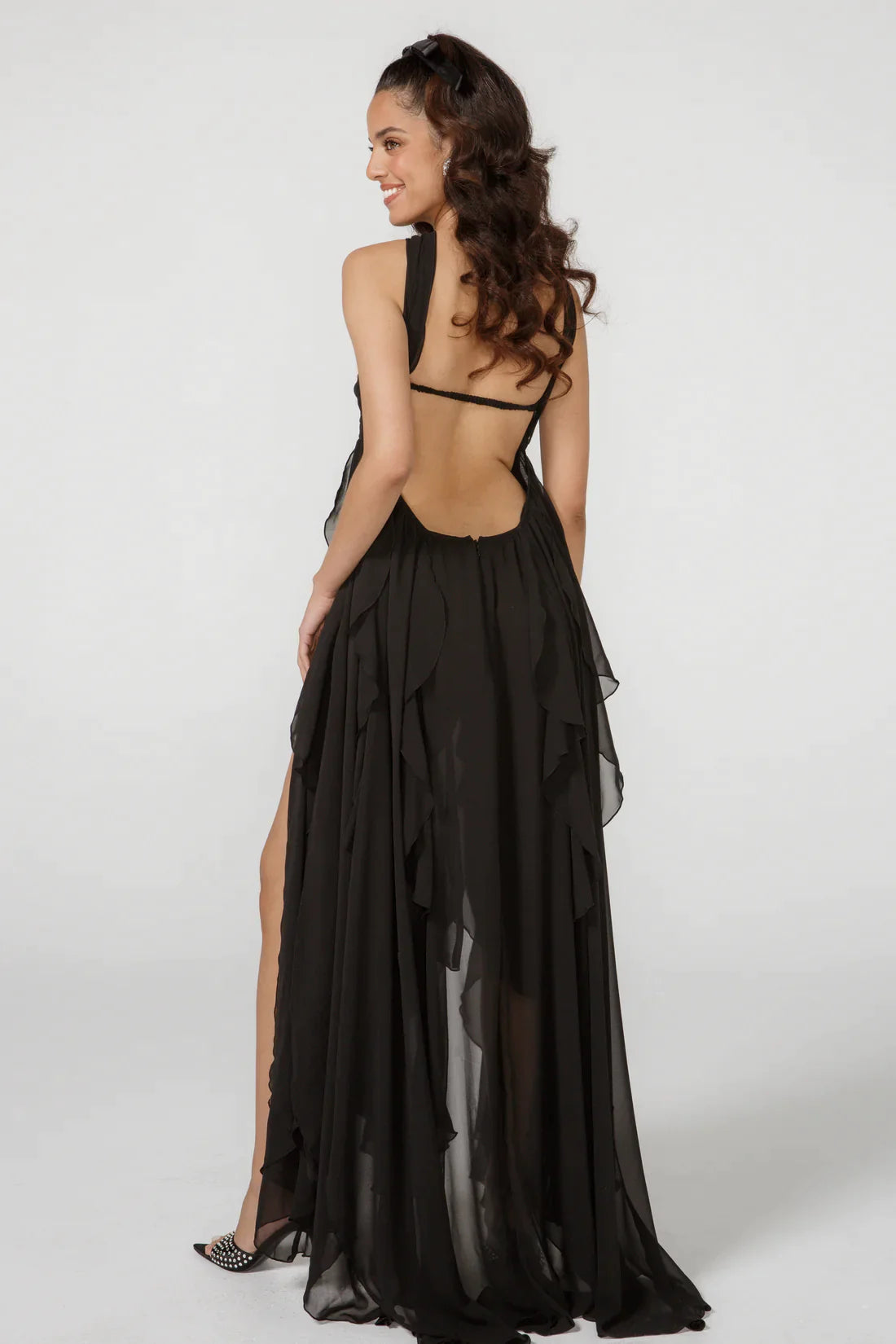 BLACK LACE IRREGULAR MAXI DRESS FOR EVENING