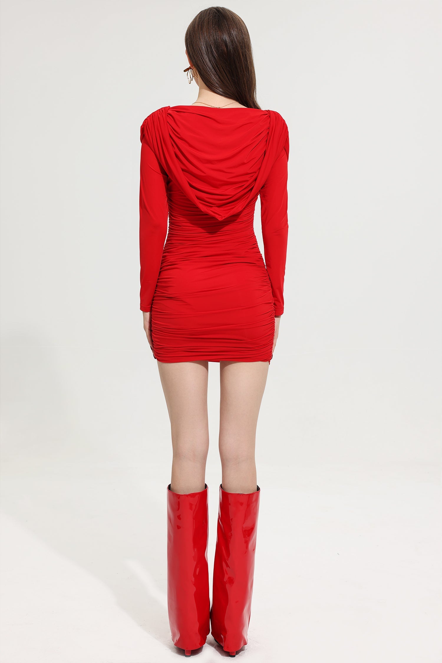 HOODED PLEATED MINI DRESS FOR PARTY RED