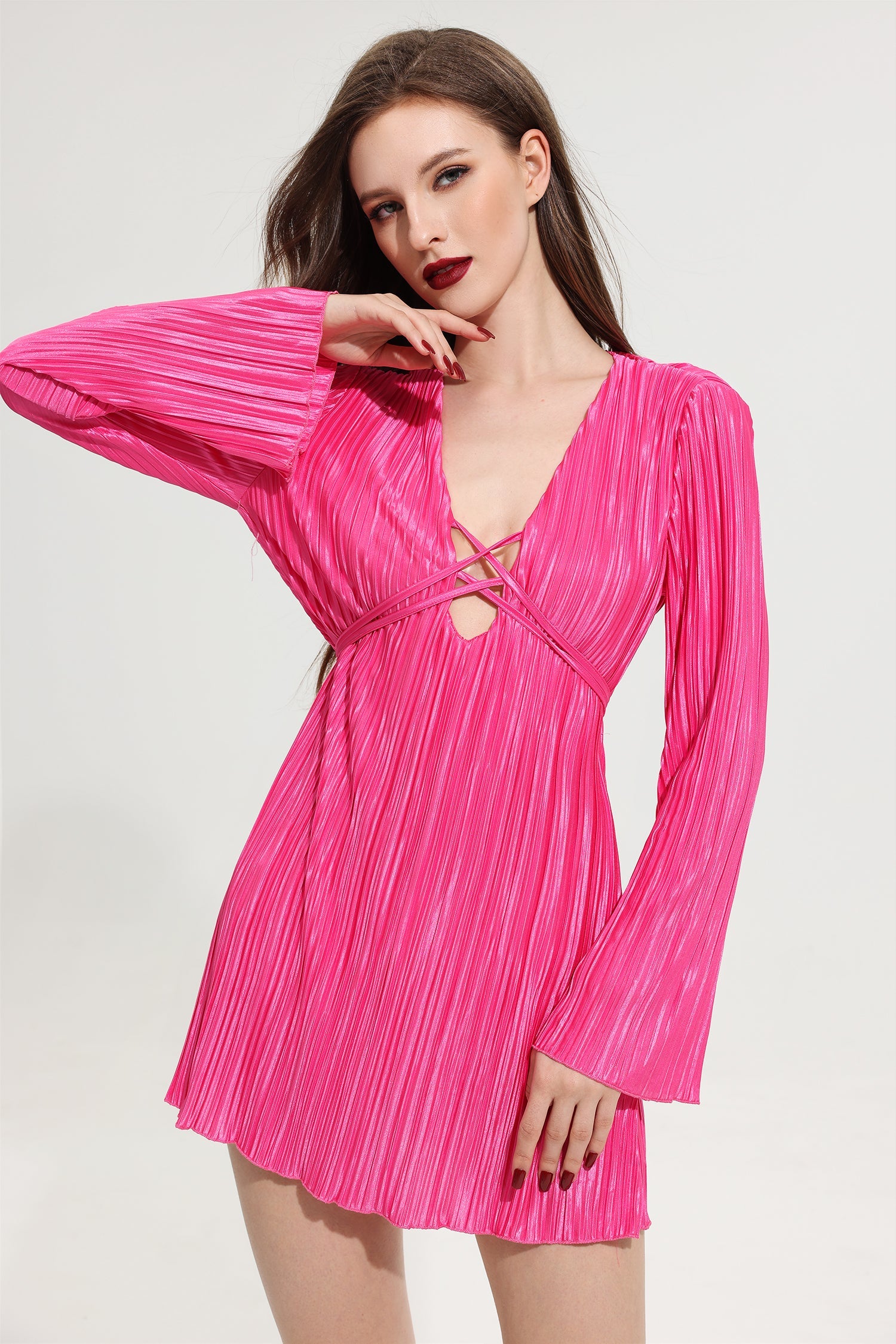 2023-12-28-JV-Kris-11116 V-NECK PETAL SLEEVE MINI DRESS FOR PARTY