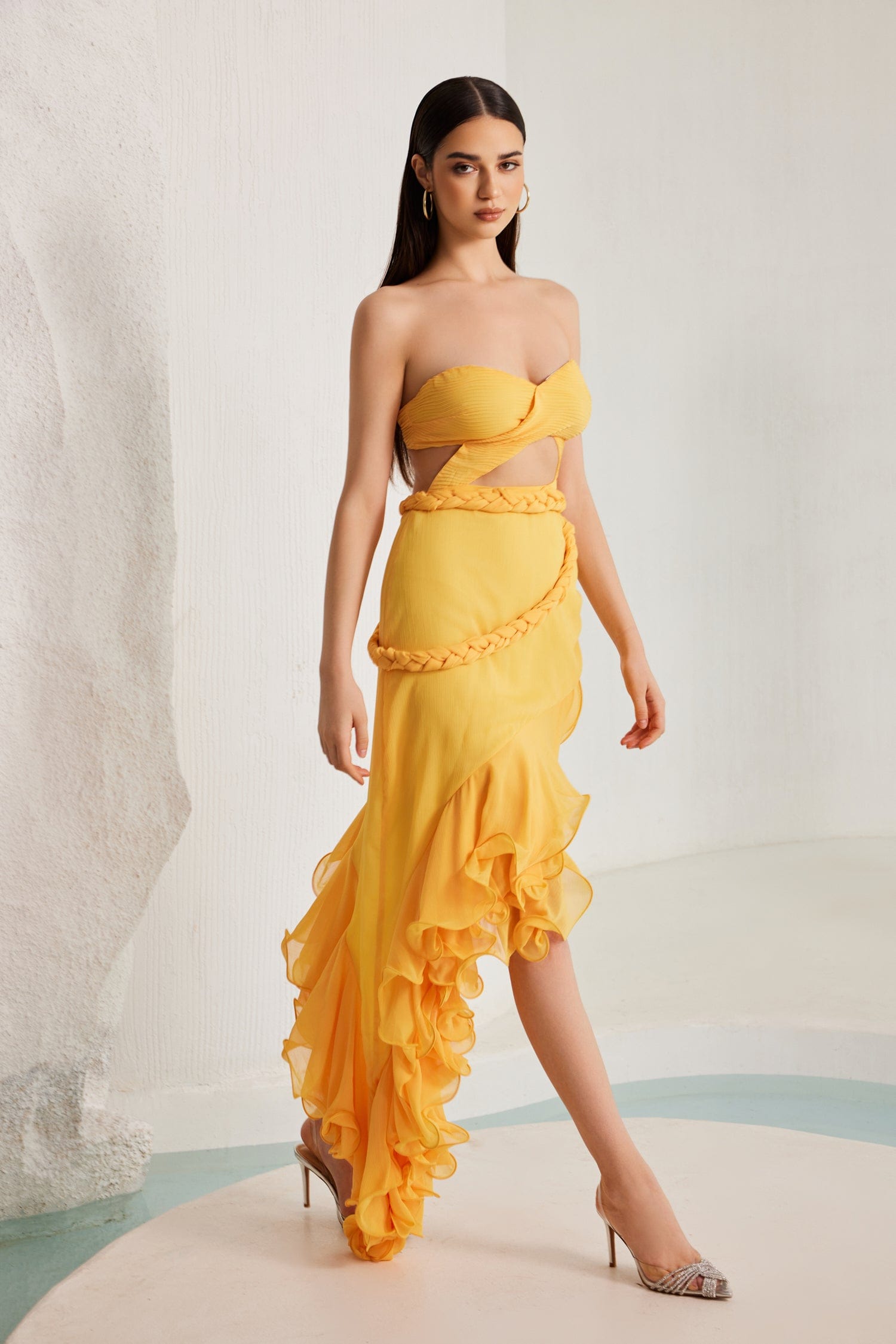 TASHA STRAPLESS CUTOUT RUFFLE PARTY DRESS