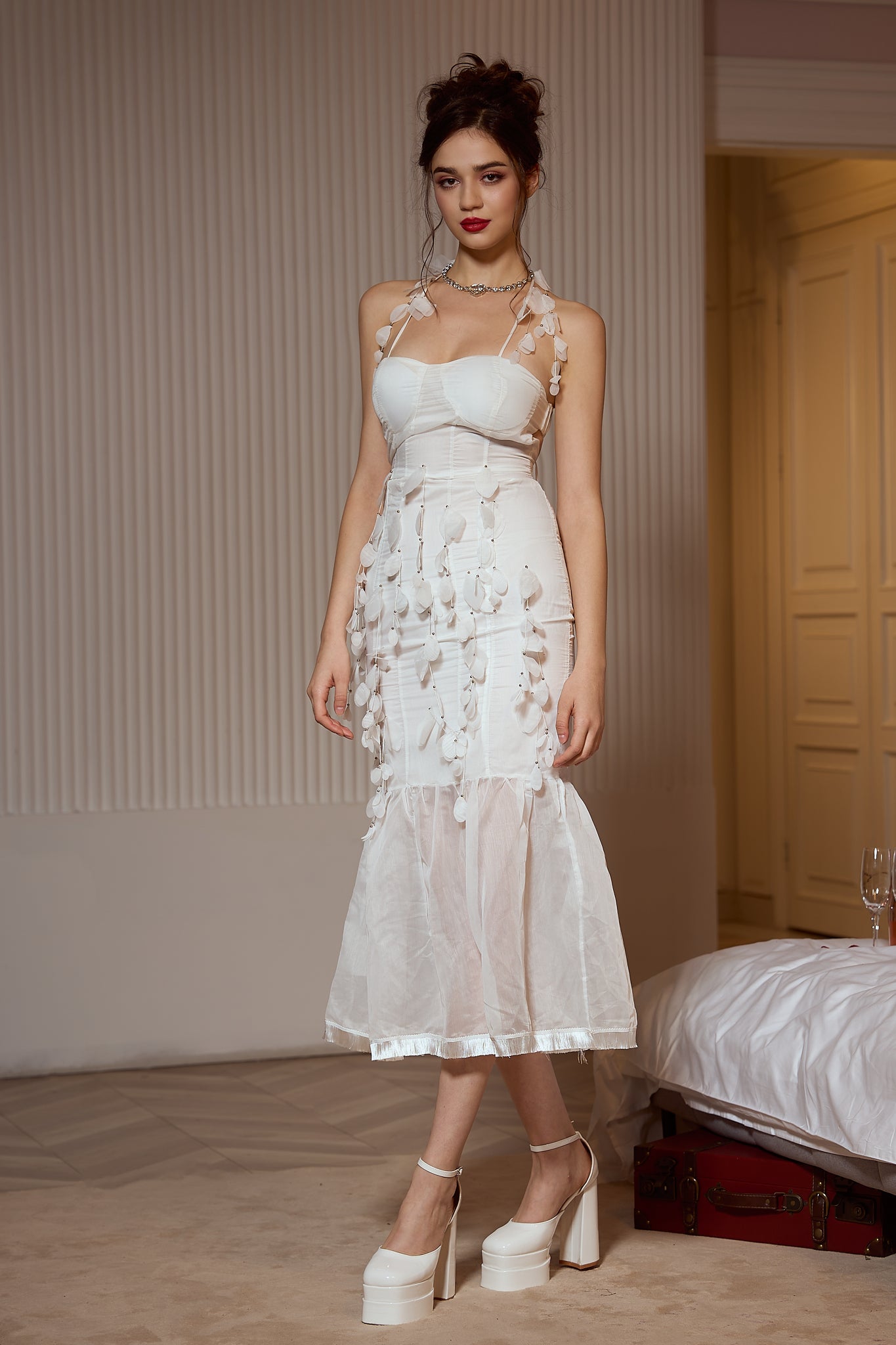 CASSIE WHITE FLOWER MESH MIDI DRESS FOR WEDDING GUEST