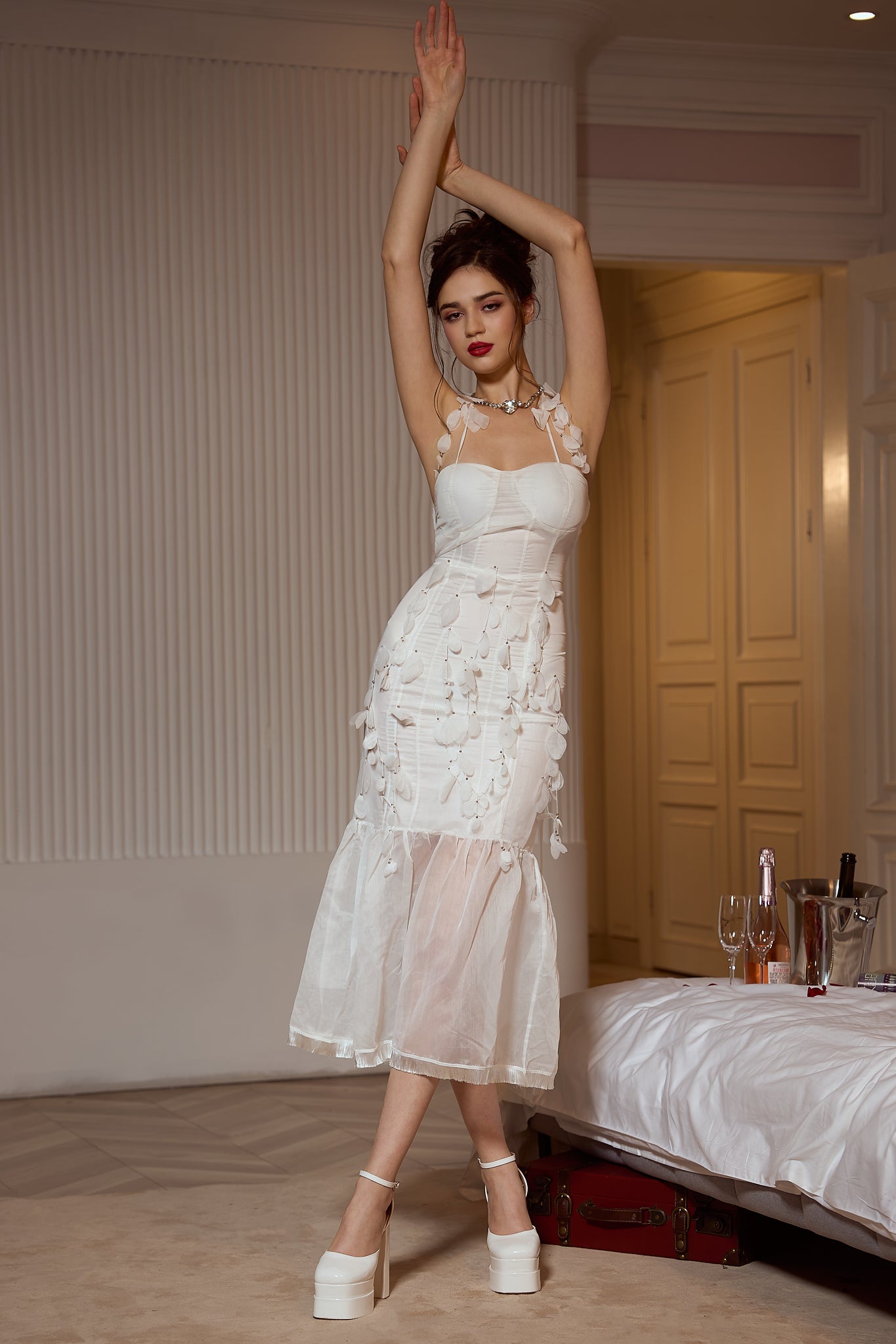 CASSIE WHITE FLOWER MESH MIDI DRESS FOR WEDDING GUEST
