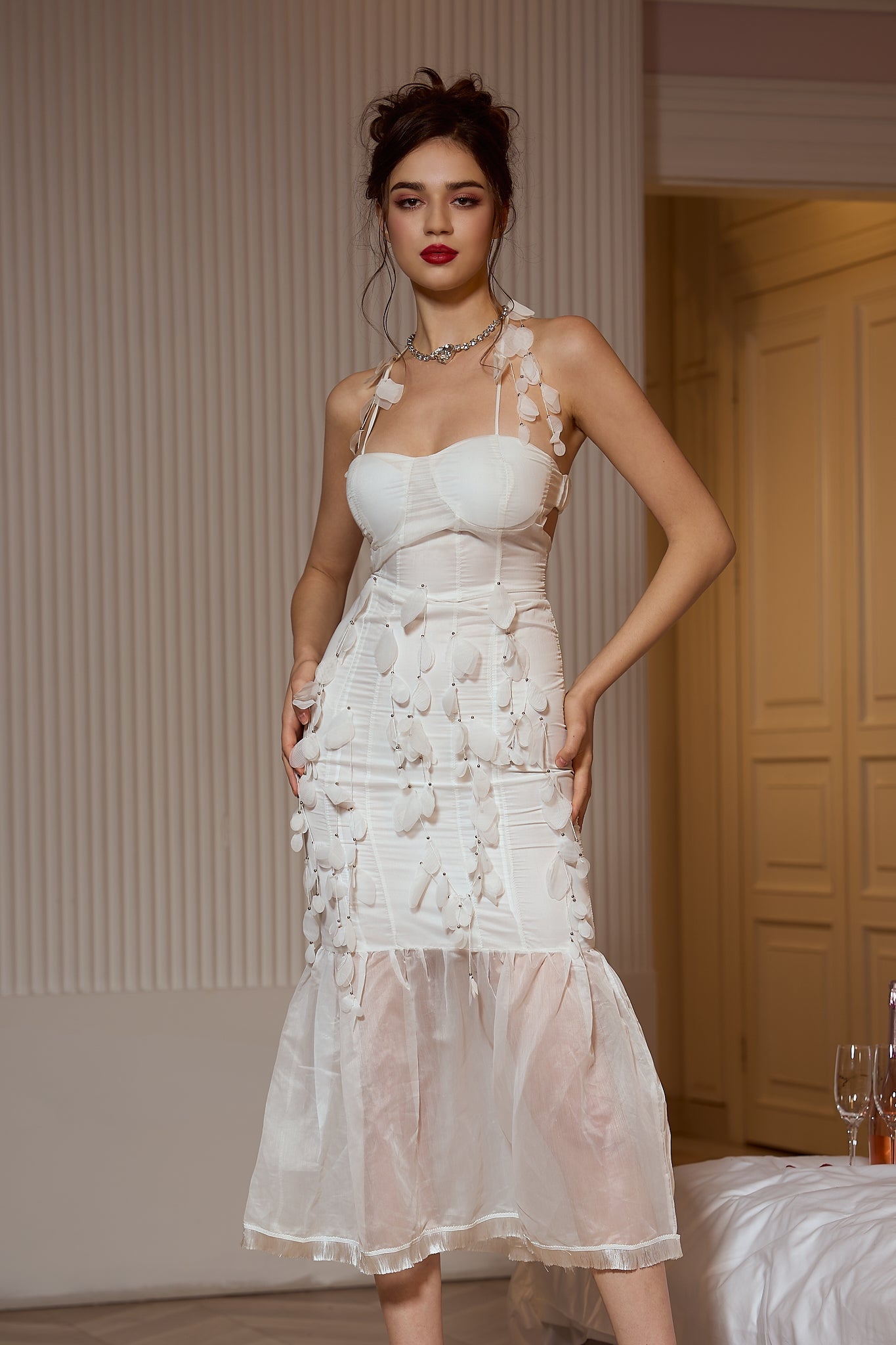 CASSIE WHITE FLOWER MESH MIDI DRESS FOR WEDDING GUEST