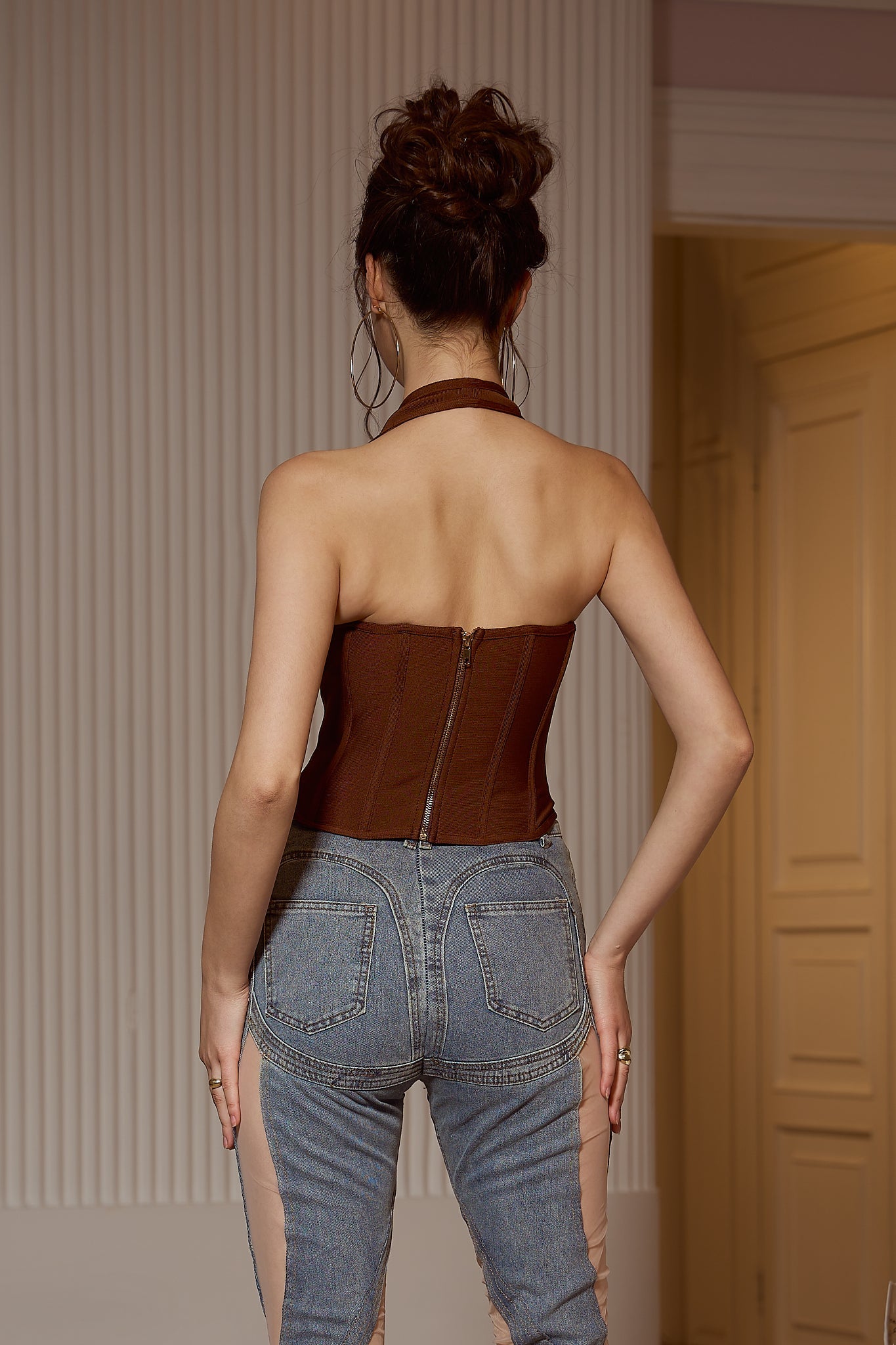 BROWN HALTER CORSET TOP FOR EVENING PARTY