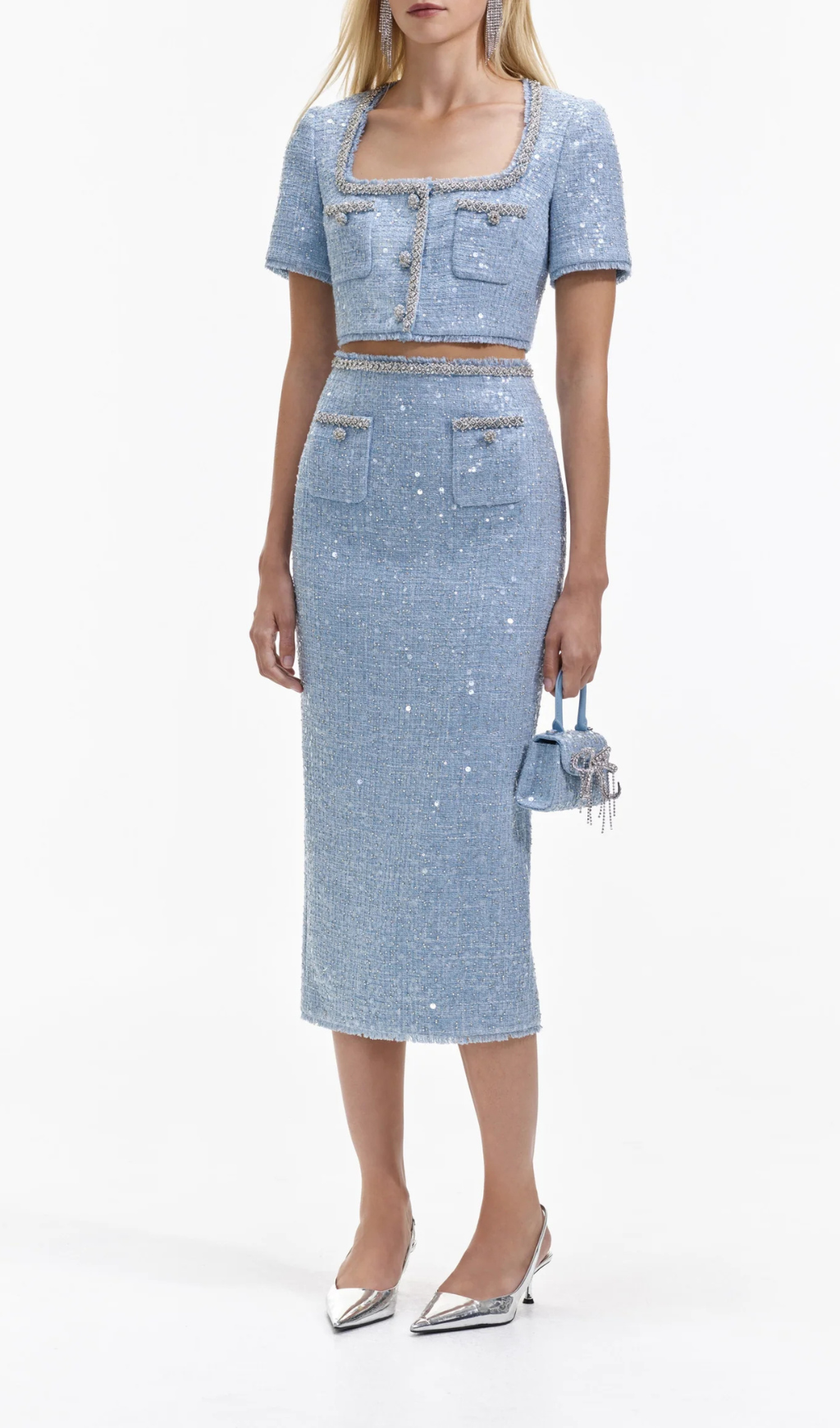 BLUE SEQUIN CROP TOP BOUCLE PARTY WEAR