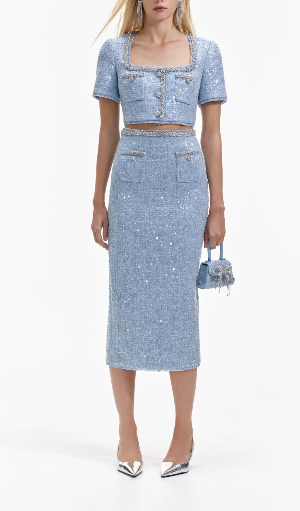 BLUE SEQUIN CROP TOP BOUCLE PARTY WEAR