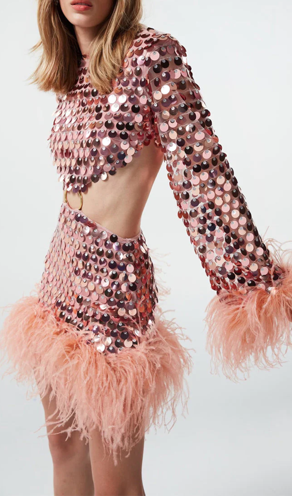 SEQUIN FEATHER TRIM MINI DRESS FOR PARTY NIGHT