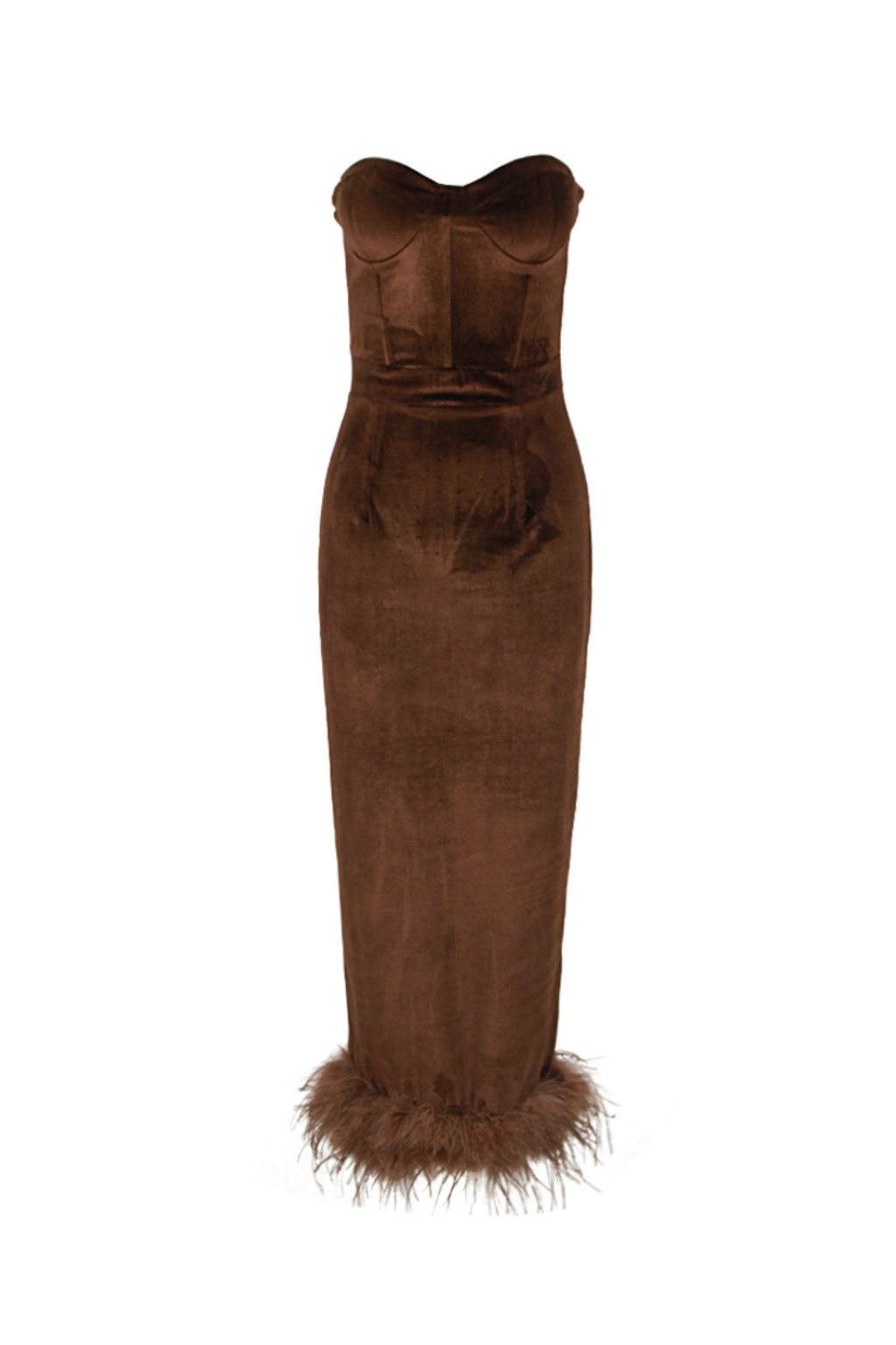 STRAPLESS BUSTIER FEATHER HEM MIDI VELVET DRESS IN BROWN