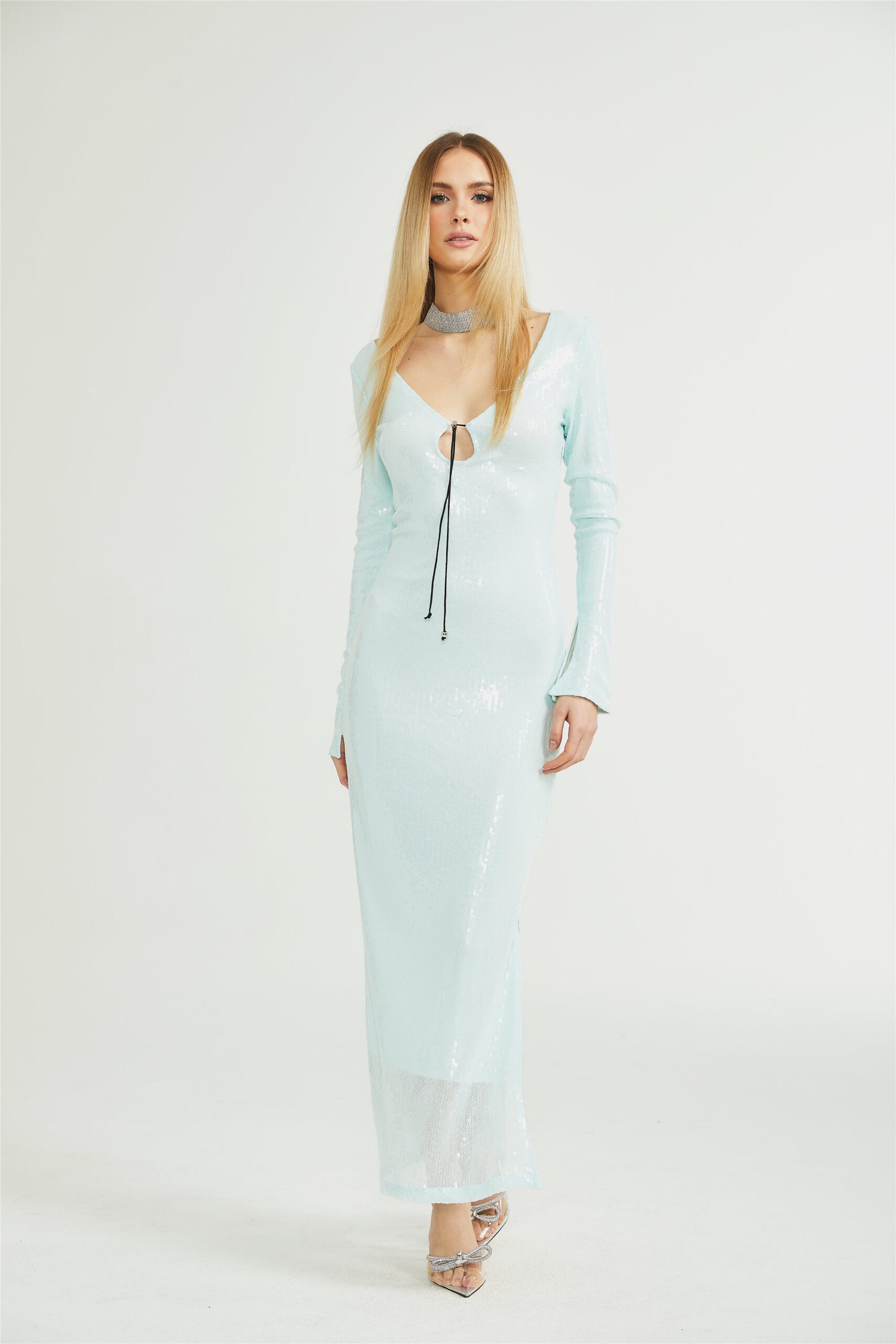 ROSALIE BLUE EMBELLISHED V-NECK COCKTAIL DRESS