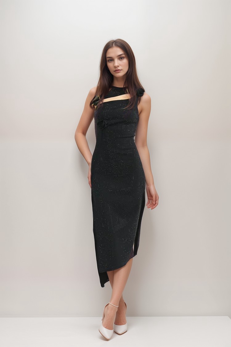 SOLANGE ASYMMETRIC EMBELLISHED MIDI DRESS FOR EVENTS