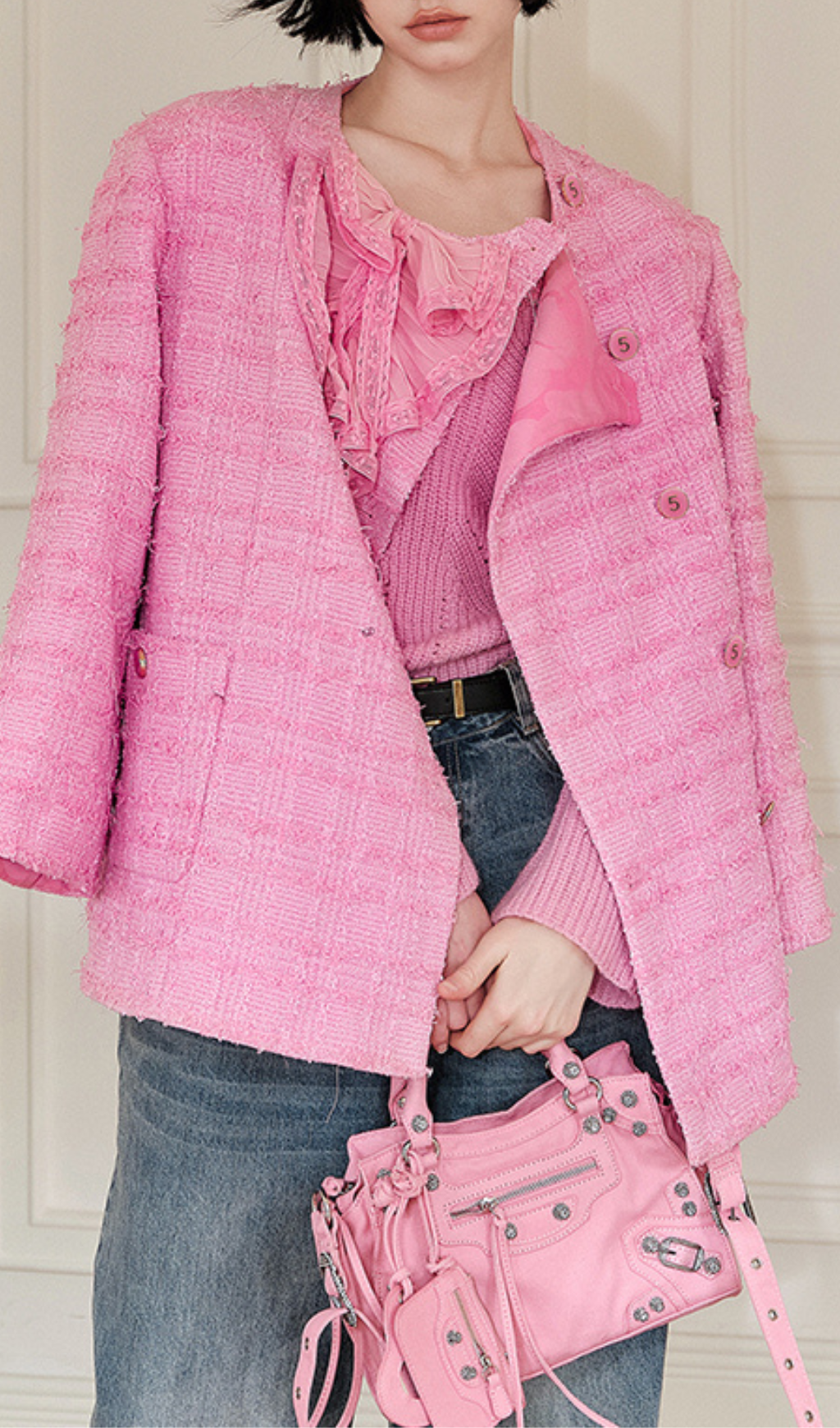 PINK BOW TWEED LOOSE BLAZER FOR WEDDING