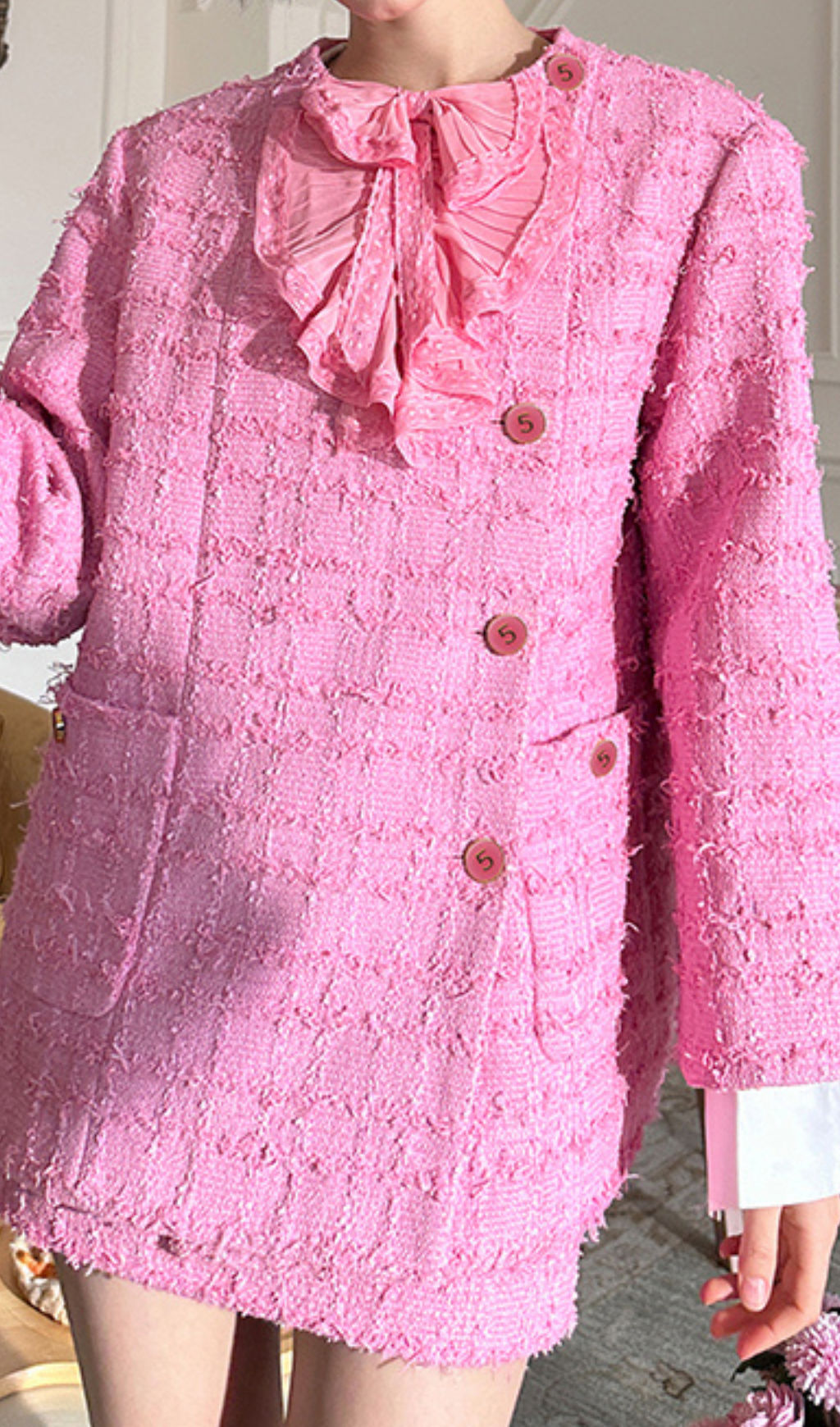 PINK BOW TWEED LOOSE BLAZER FOR WEDDING