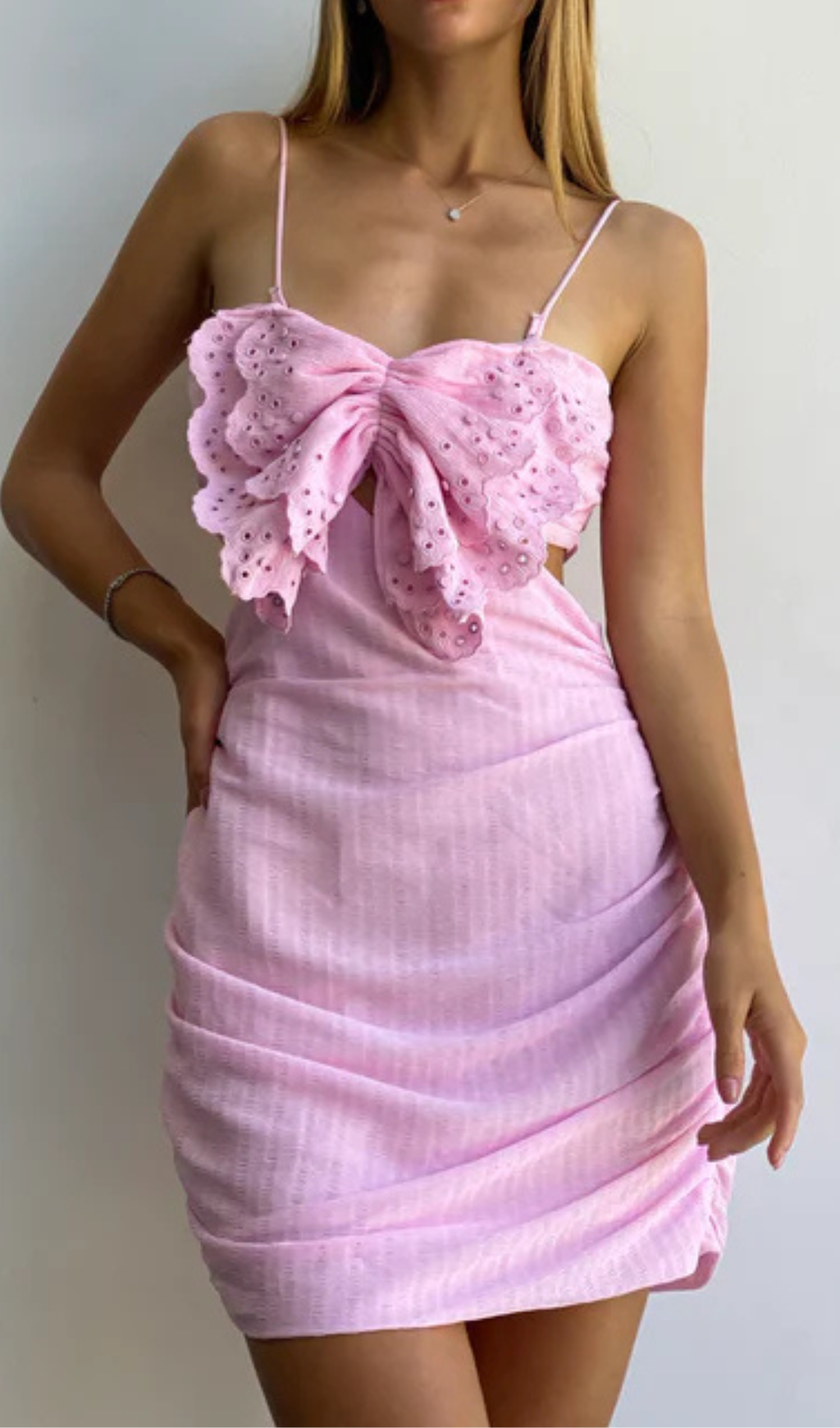 PINK LACE BOW COTTON MINI DRESS FOR PARTY