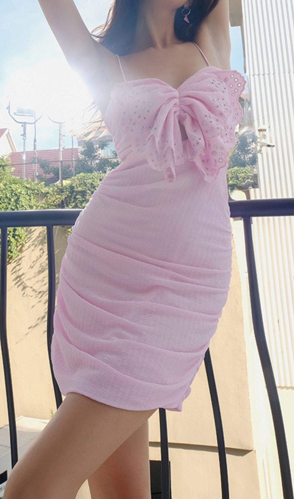 PINK LACE BOW COTTON MINI DRESS FOR PARTY
