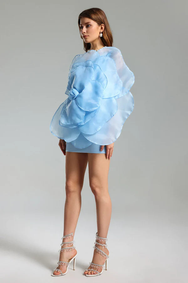3D ORGANZA FLORAL MINI DRESS - BLUE, VOLUMINOUS PARTY