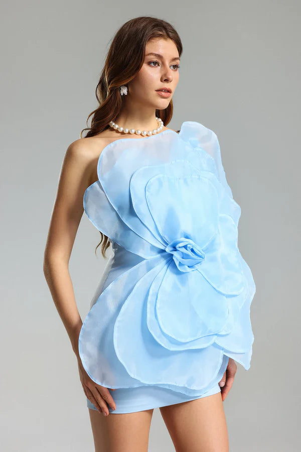 3D ORGANZA FLORAL MINI DRESS - BLUE, VOLUMINOUS PARTY