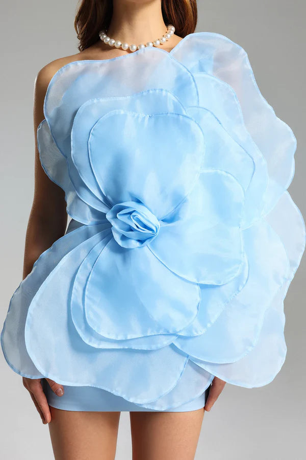 3D ORGANZA FLORAL MINI DRESS - BLUE, VOLUMINOUS PARTY