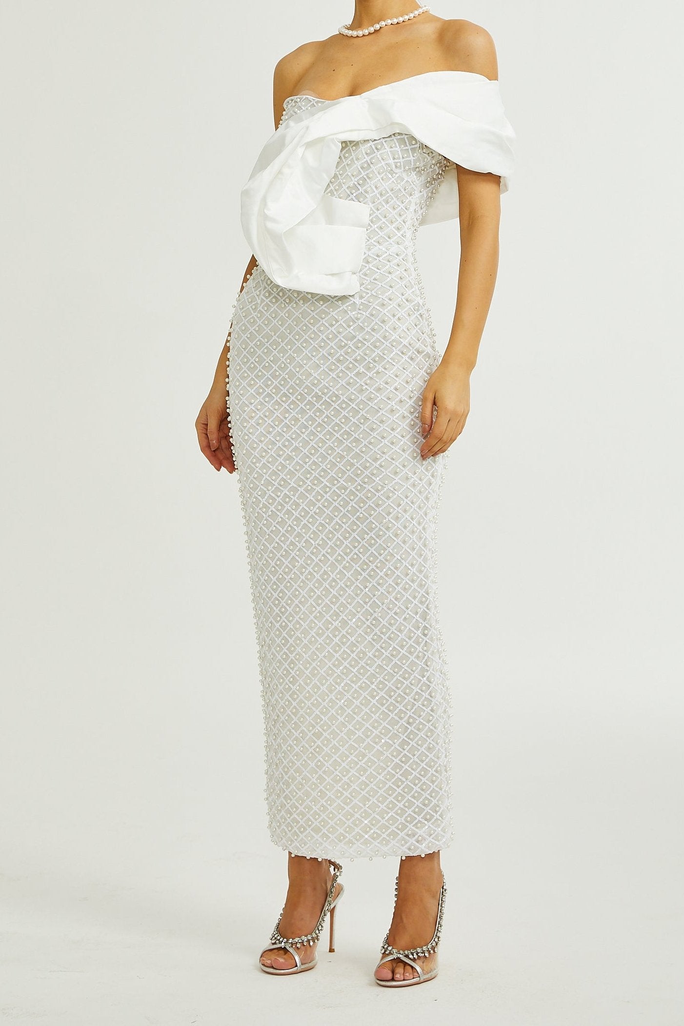 MAURA OFF-SHOULDER PEARL COCKTAIL DRESS