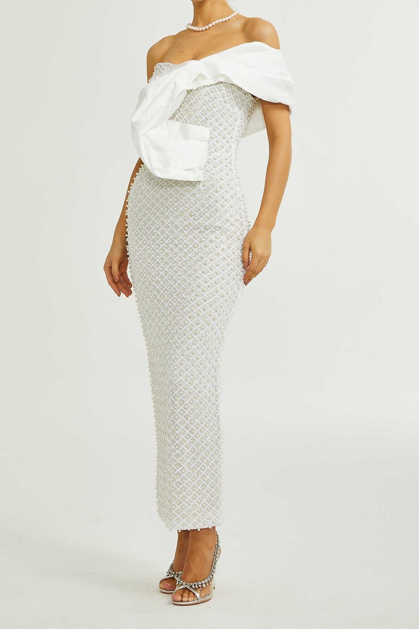 MAURA OFF-SHOULDER PEARL COCKTAIL DRESS