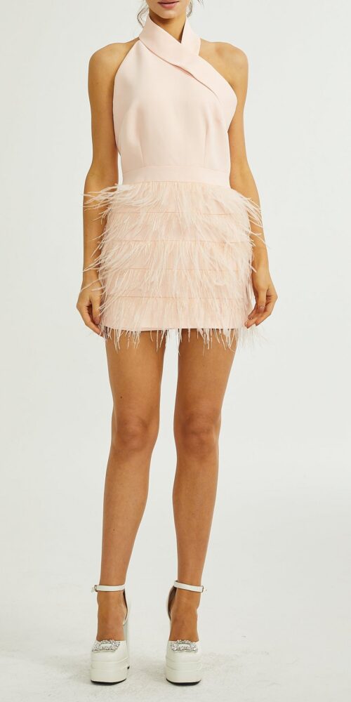 tara feather-detail tassel halter backless dress in pink tara feather-detail tassel halter backless dress in pink