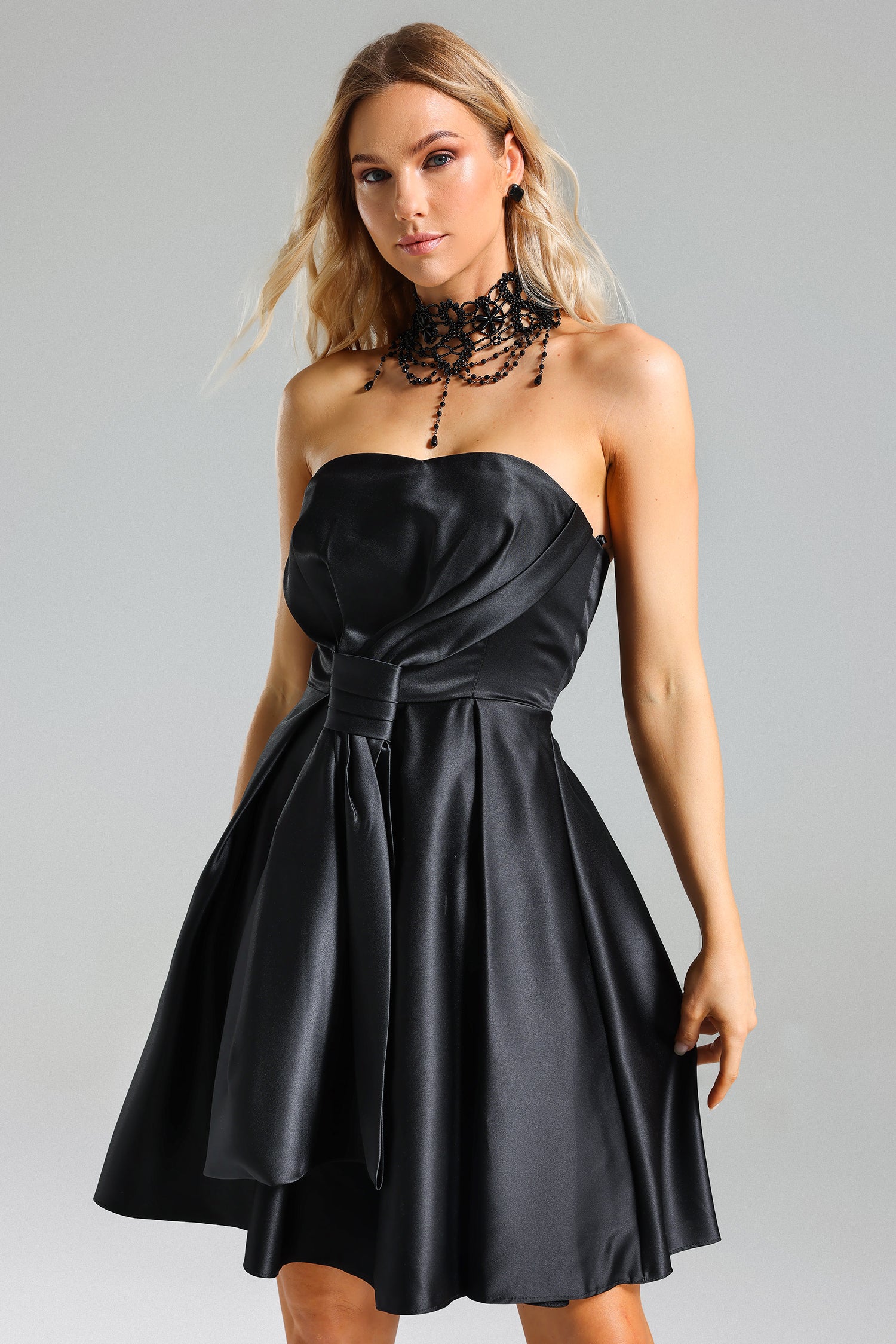 DEBORAH SATIN STRAPLESS COCKTAIL DRESS