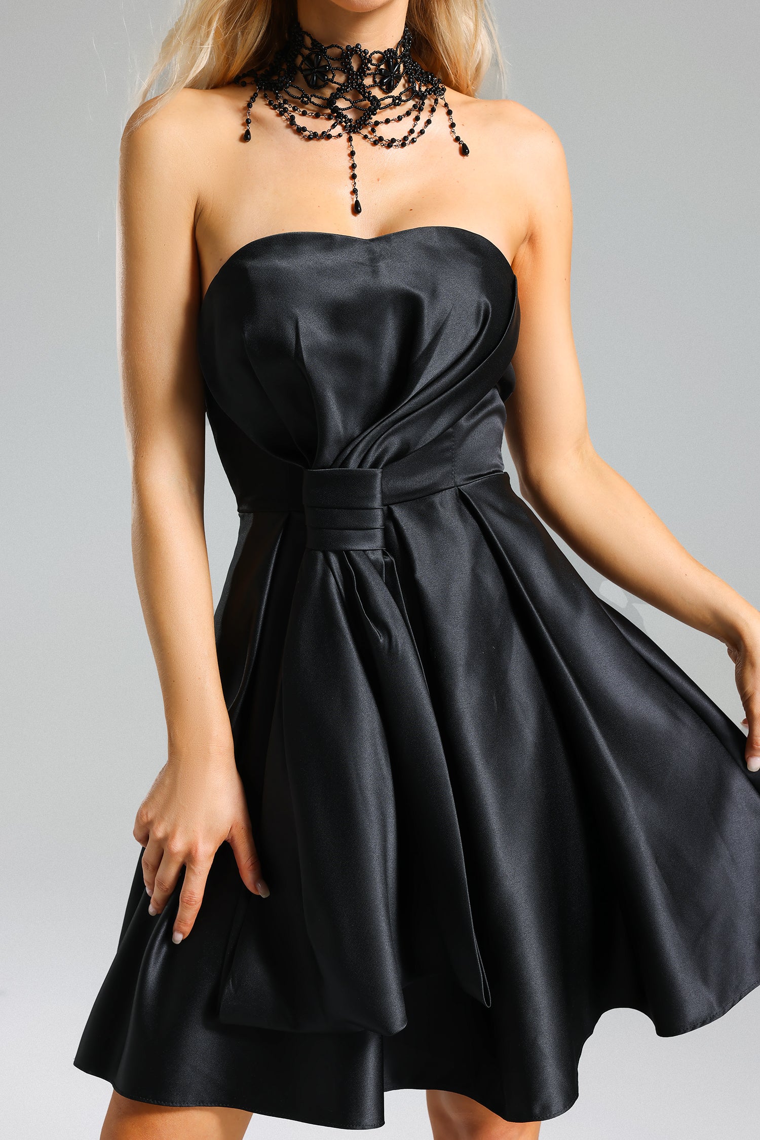 DEBORAH SATIN STRAPLESS COCKTAIL DRESS