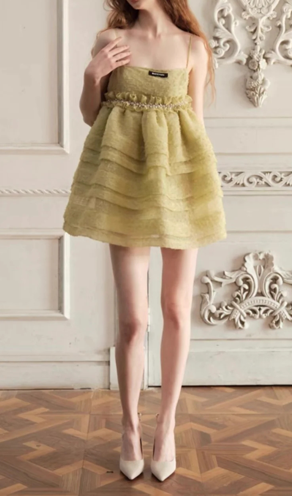 GREEN TEXTURED CAMI MINI DRESS FOR PARTIES