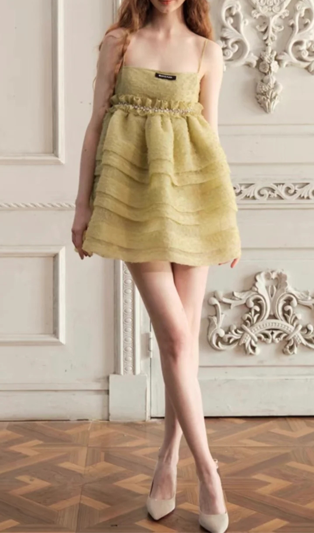 GREEN TEXTURED CAMI MINI DRESS FOR PARTIES