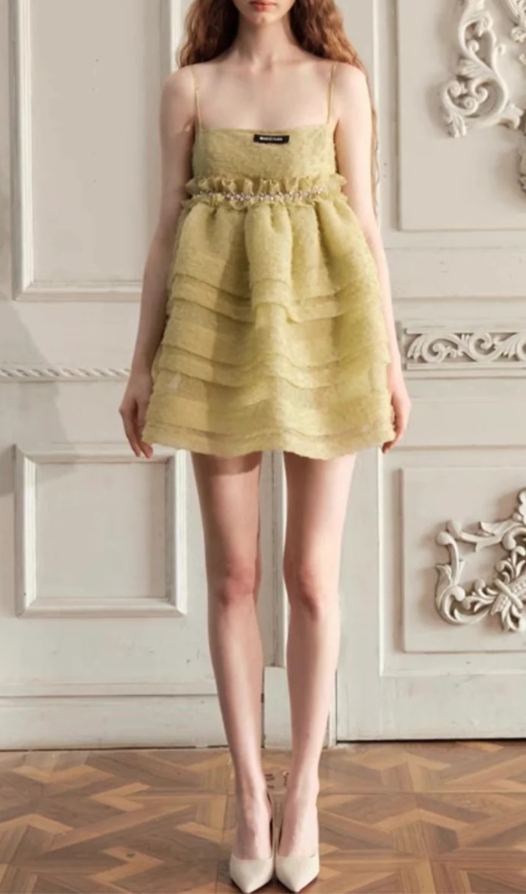 GREEN TEXTURED CAMI MINI DRESS FOR PARTIES