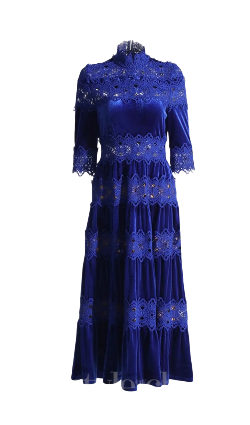 HOLLOW PATCHWORK VELVET MIDI DRESS, BLUE