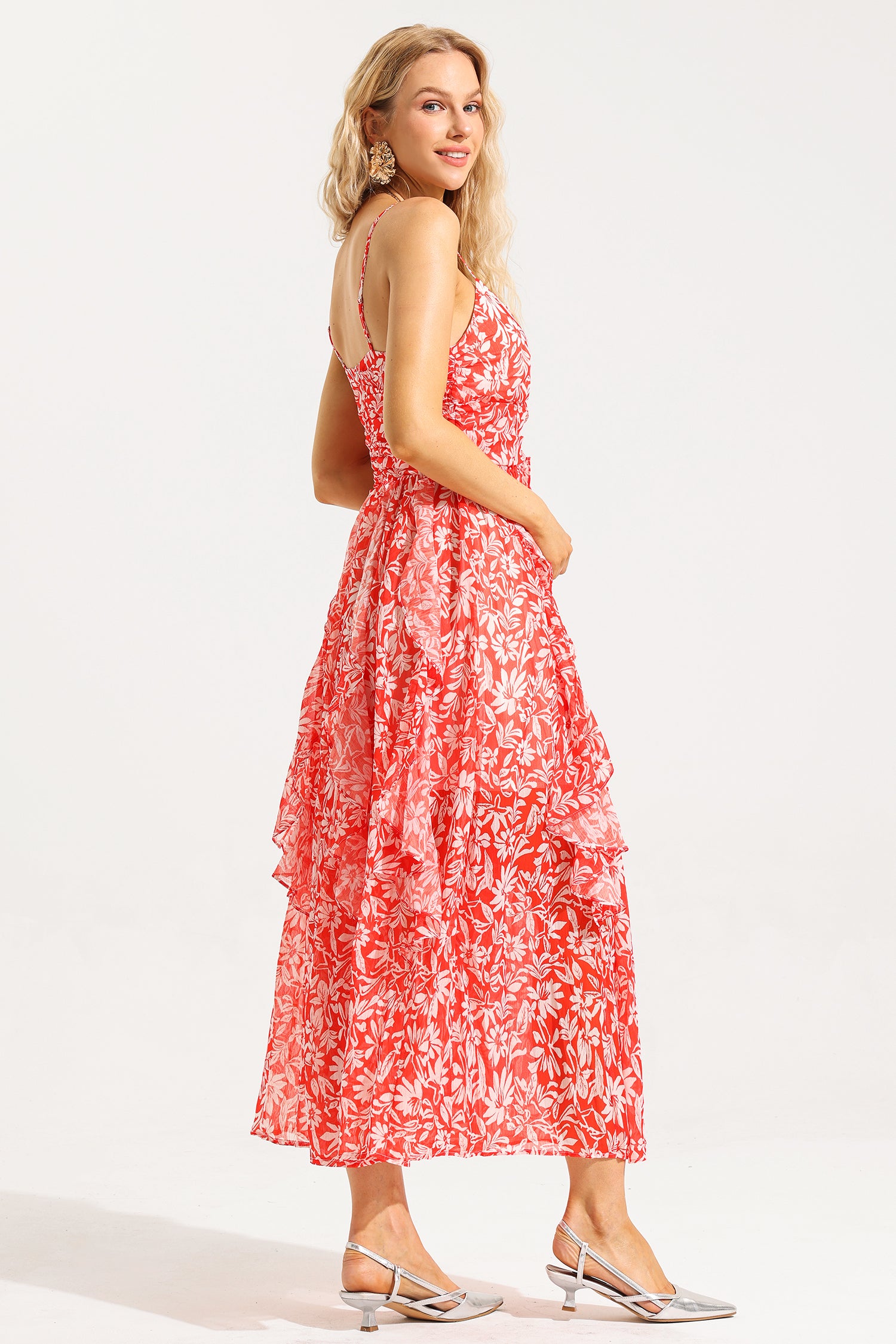 FLORAL RUCHED RUFFLE CAMI MAXI DRESS FOR SUMMER