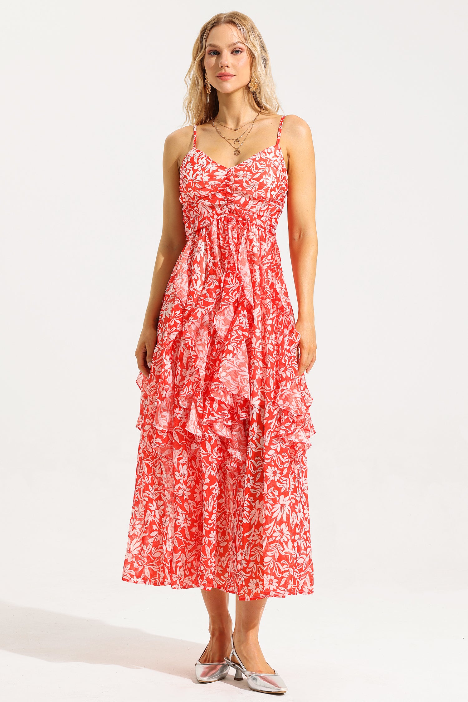 FLORAL RUCHED RUFFLE CAMI MAXI DRESS FOR SUMMER