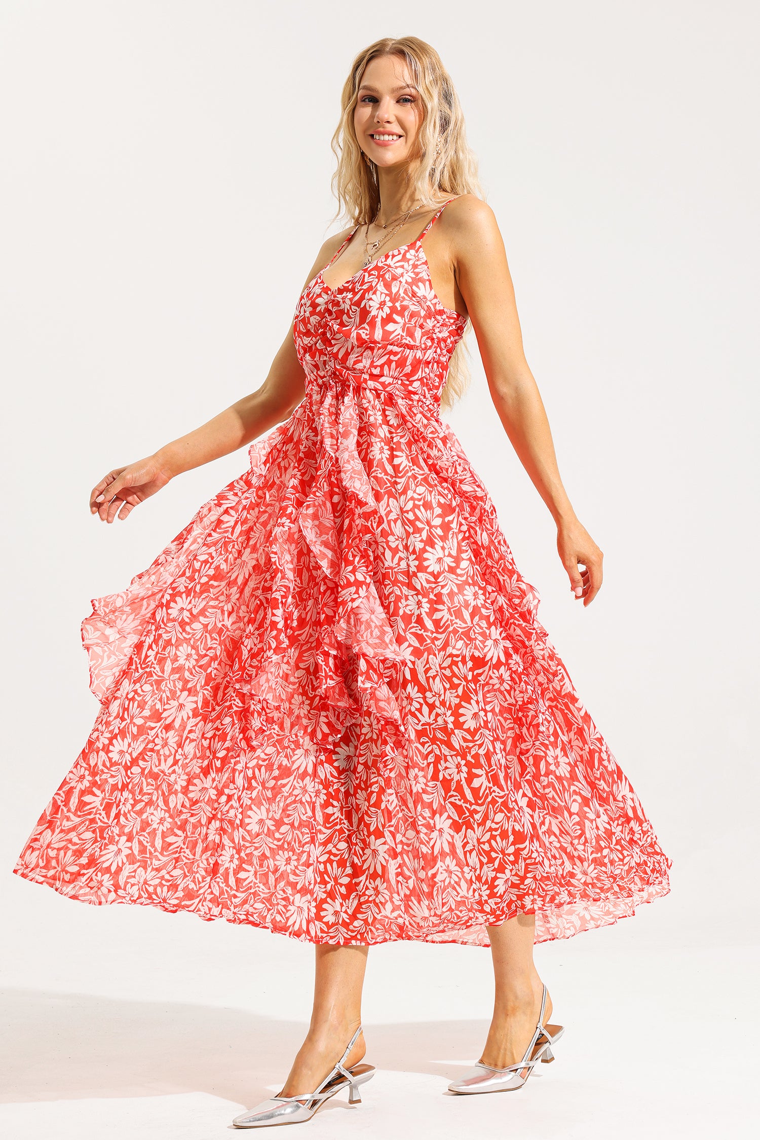 FLORAL RUCHED RUFFLE CAMI MAXI DRESS FOR SUMMER