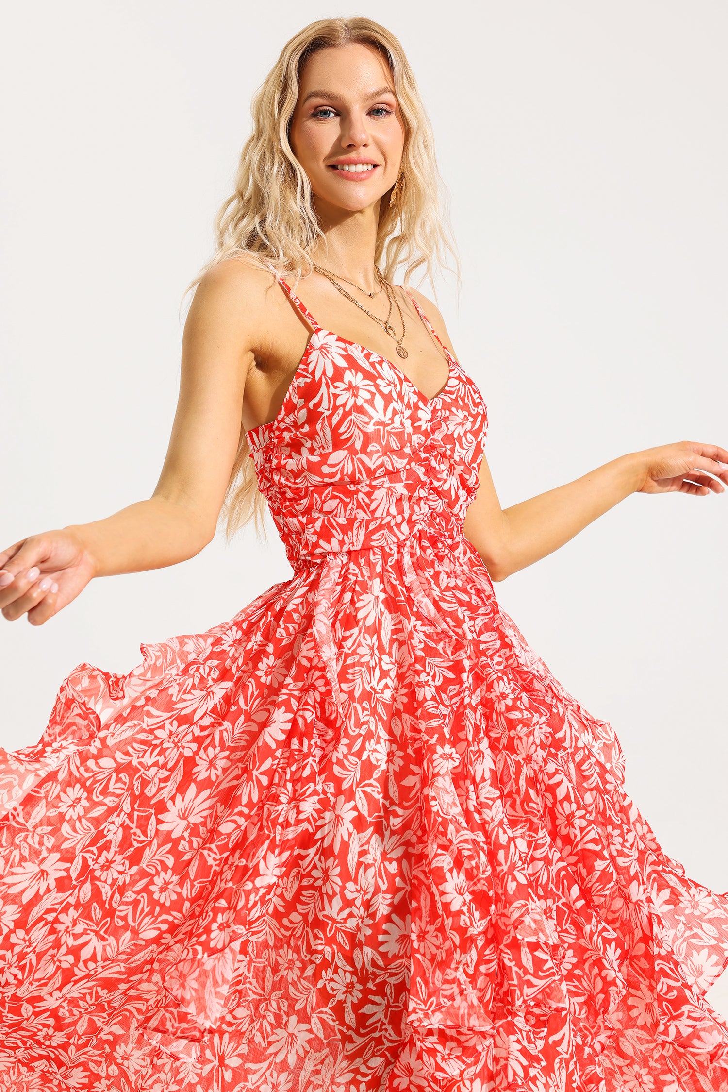 FLORAL RUCHED RUFFLE CAMI MAXI DRESS FOR SUMMER