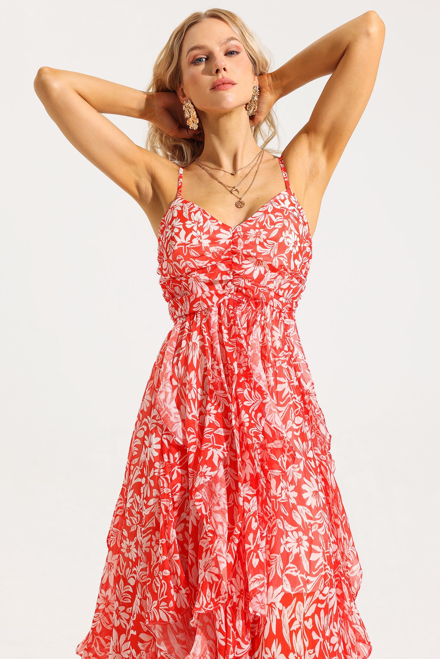 FLORAL RUCHED RUFFLE CAMI MAXI DRESS FOR SUMMER