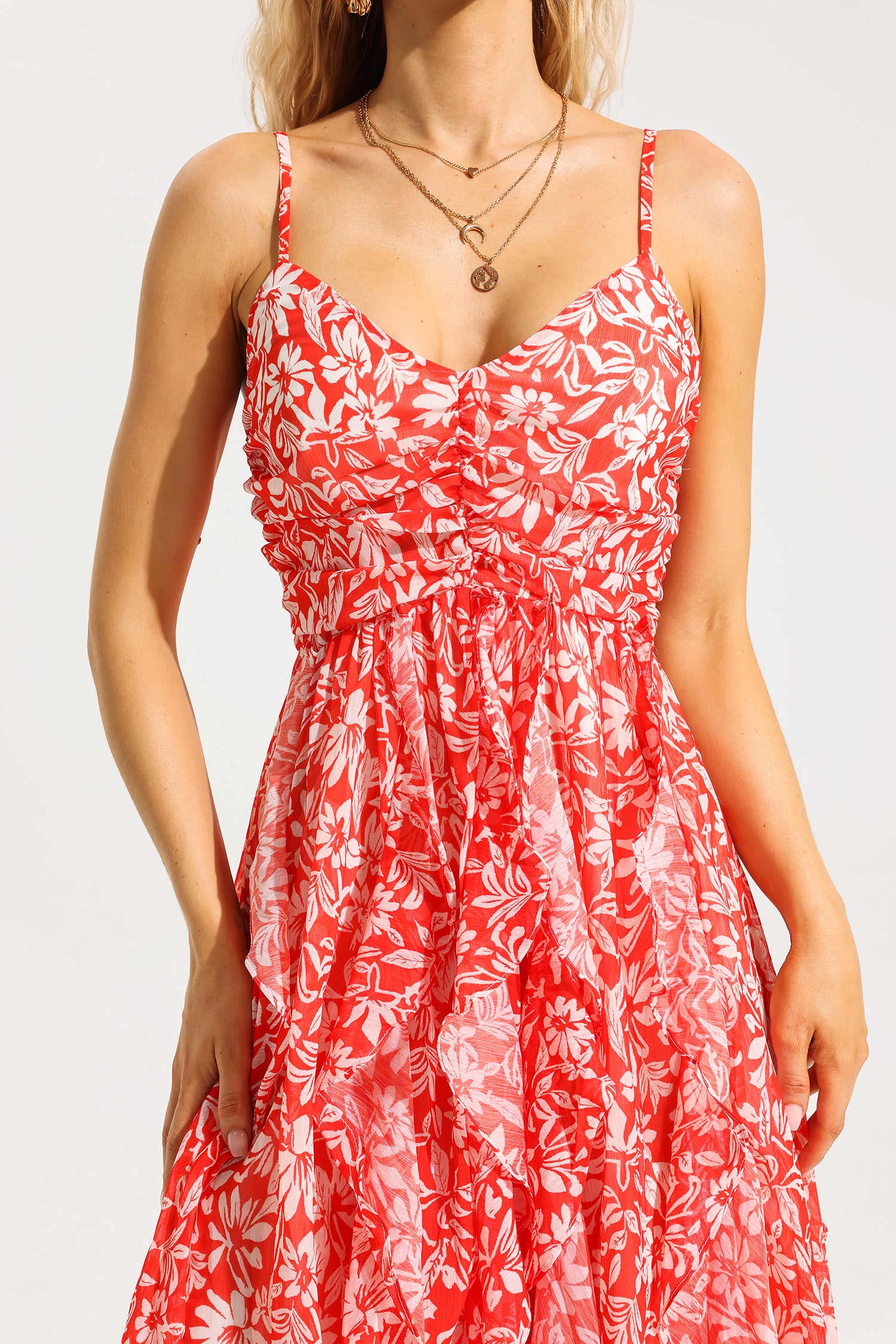 FLORAL RUCHED RUFFLE CAMI MAXI DRESS FOR SUMMER