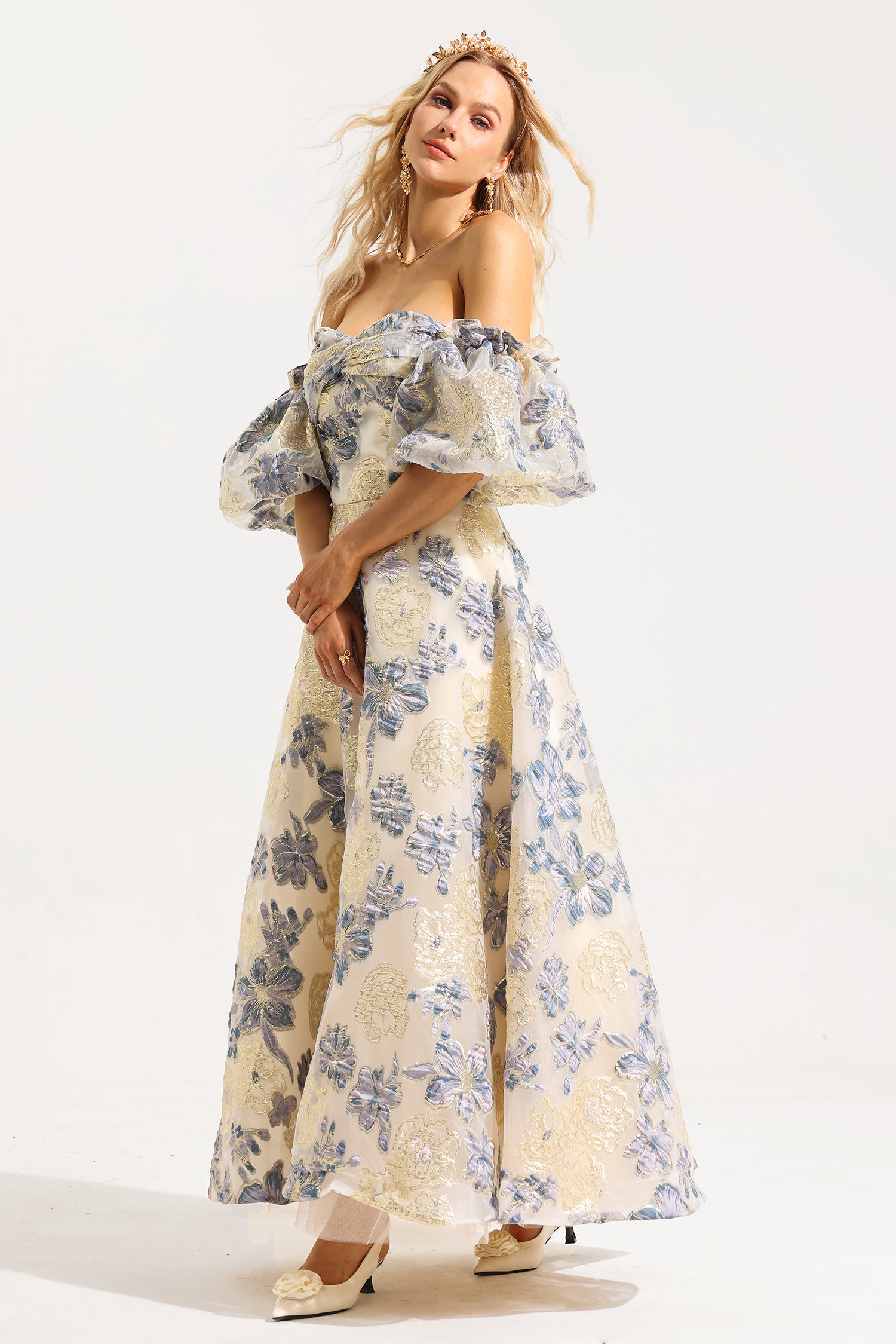 JACQUARD OFF-SHOULDER MIDI DRESS